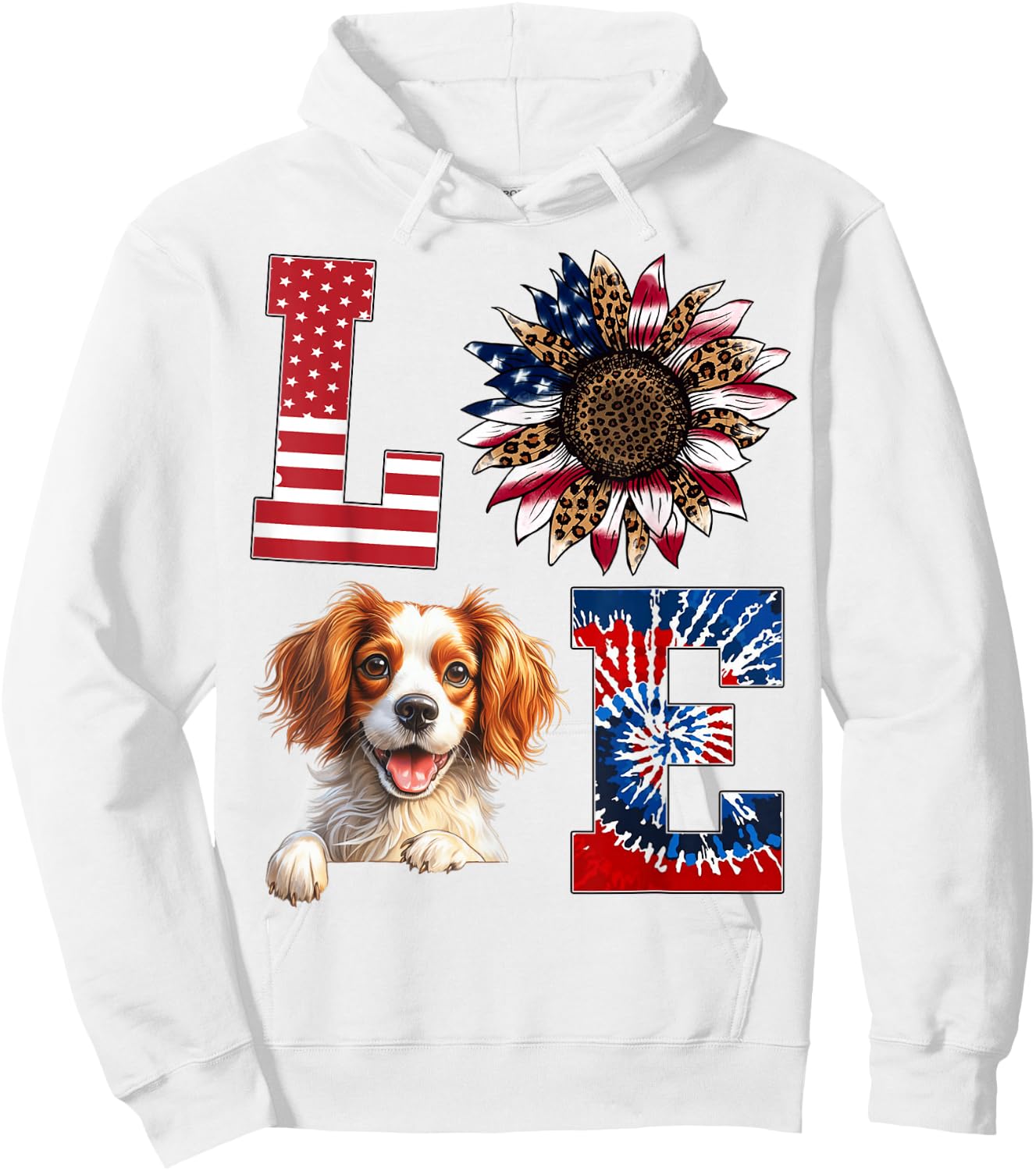 Love Brittany Spaniel Dog American Flag 4th of July Hoodie - Hoodie | White
