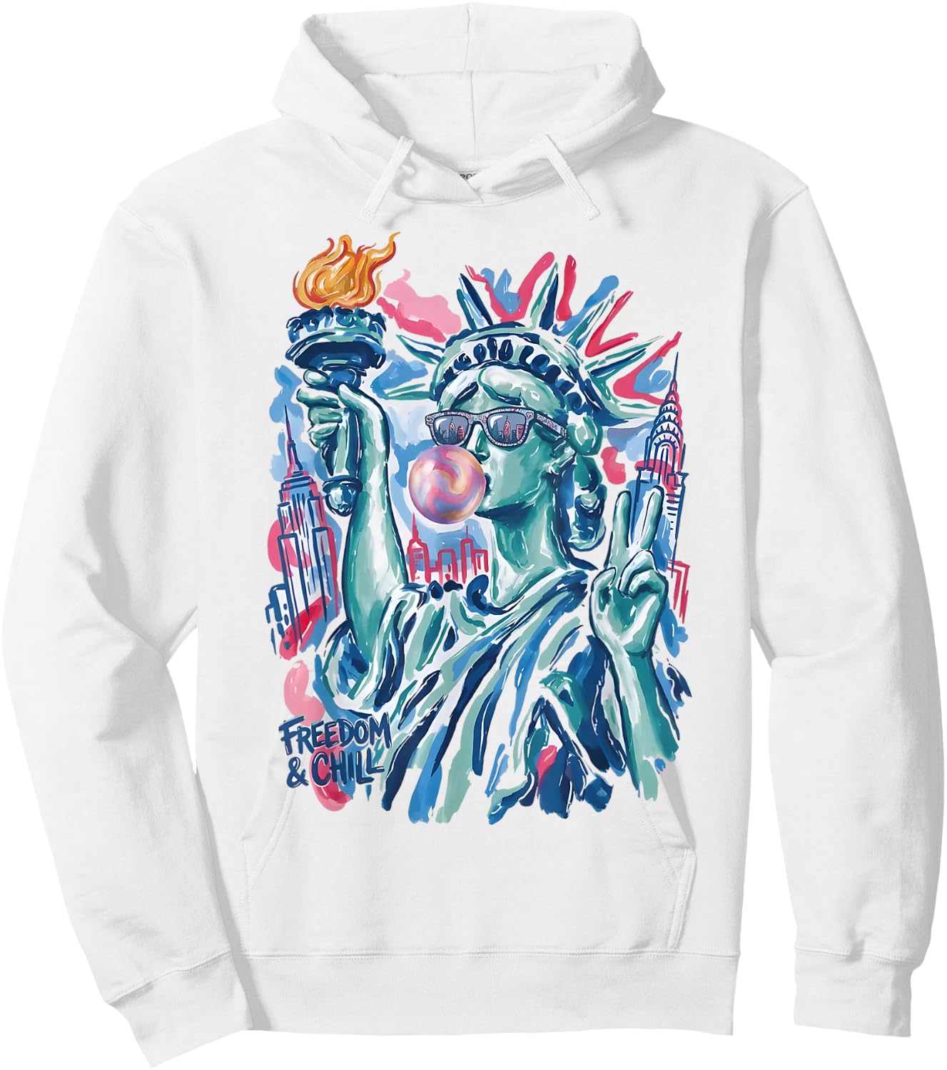 Preppy Statue of Liberty Blowing Bubble Gum 4th of July Hoodie - Hoodie | White