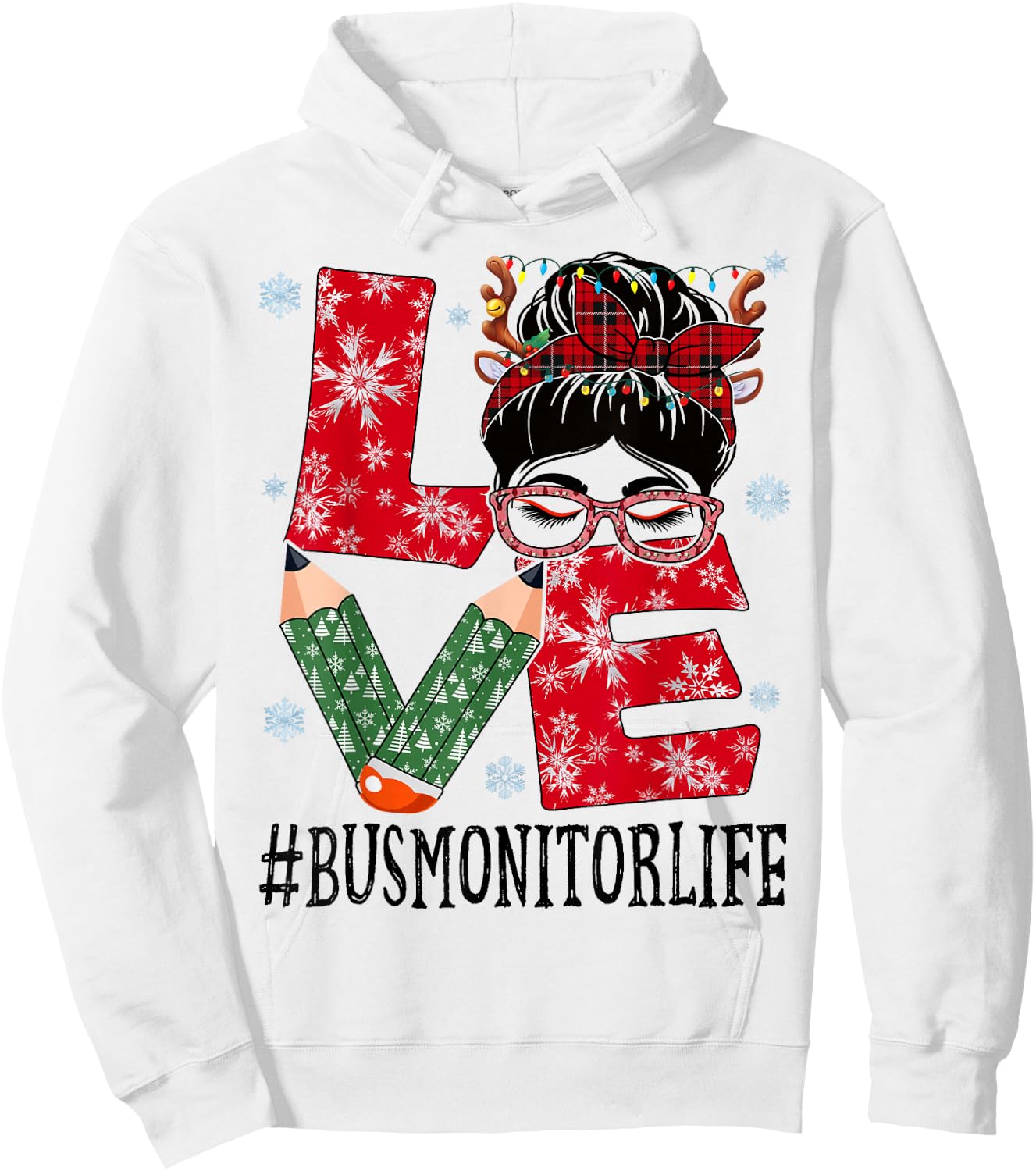 Bus Monitor Love Christmas Messy Bun Reindeer Buffalo Xmas Hoodie - Hoodie | White