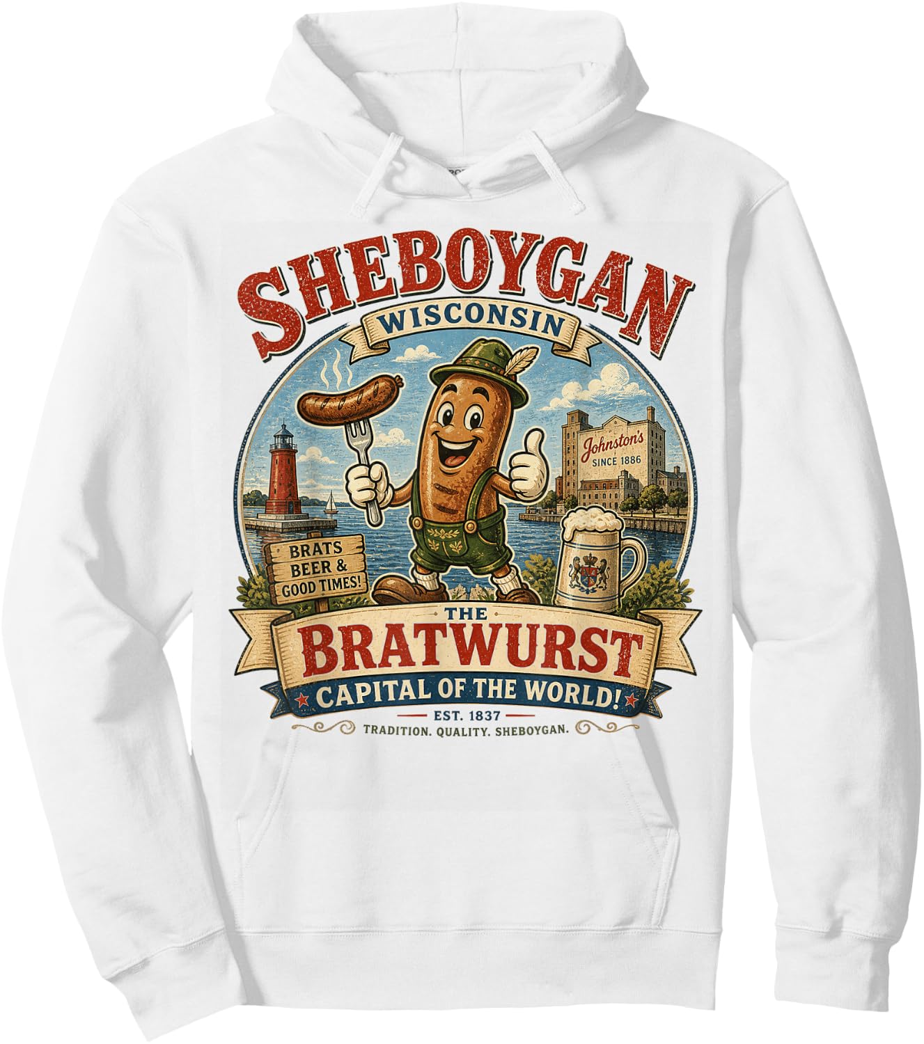 Sheboygan Wisconsin - Bratwurst Capital - Cartoon Mascot Hoodie - Hoodie | White