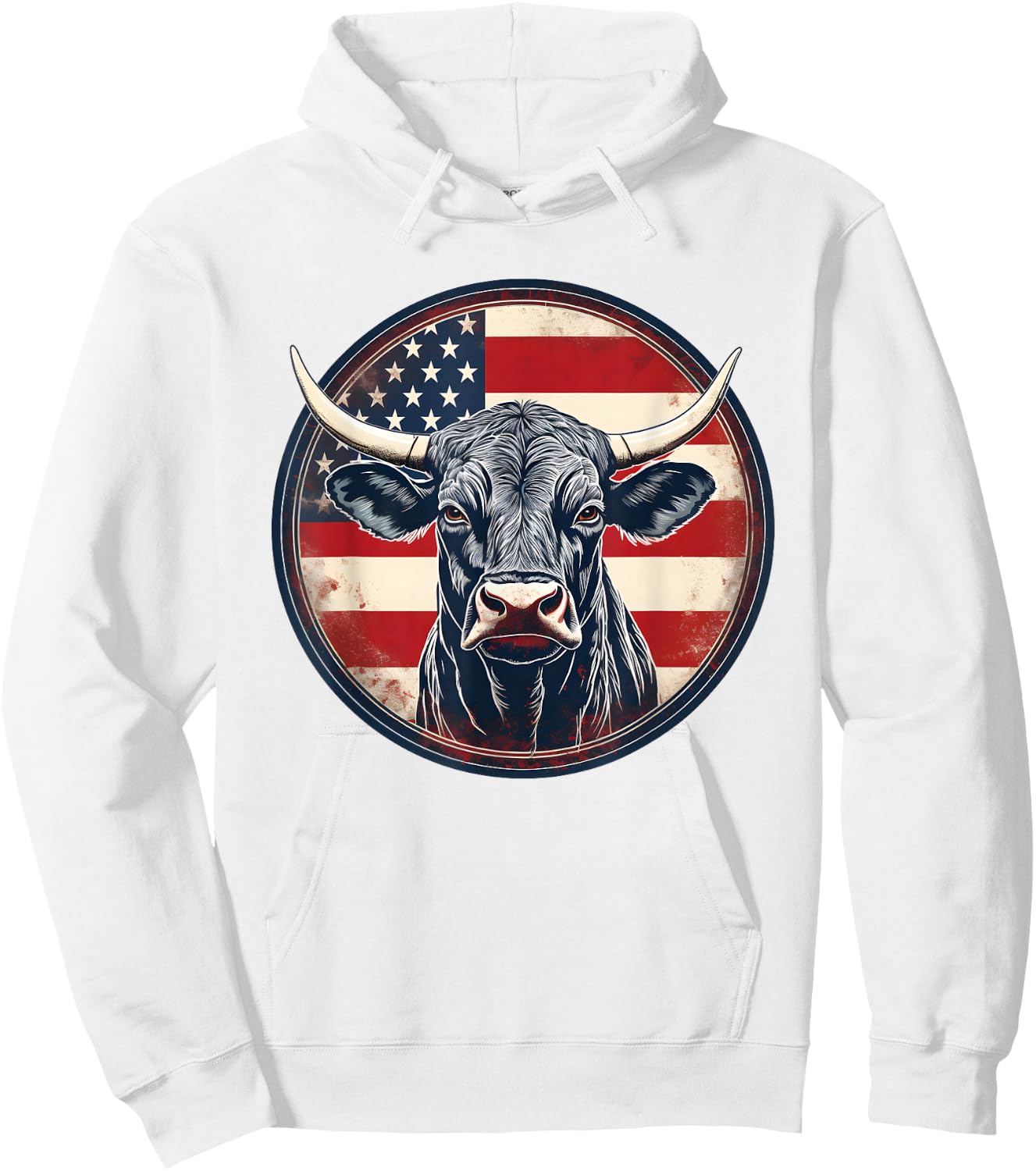 Bull American Flag Rodeo Distressed Cowboy Red Western Hoodie - Hoodie | White