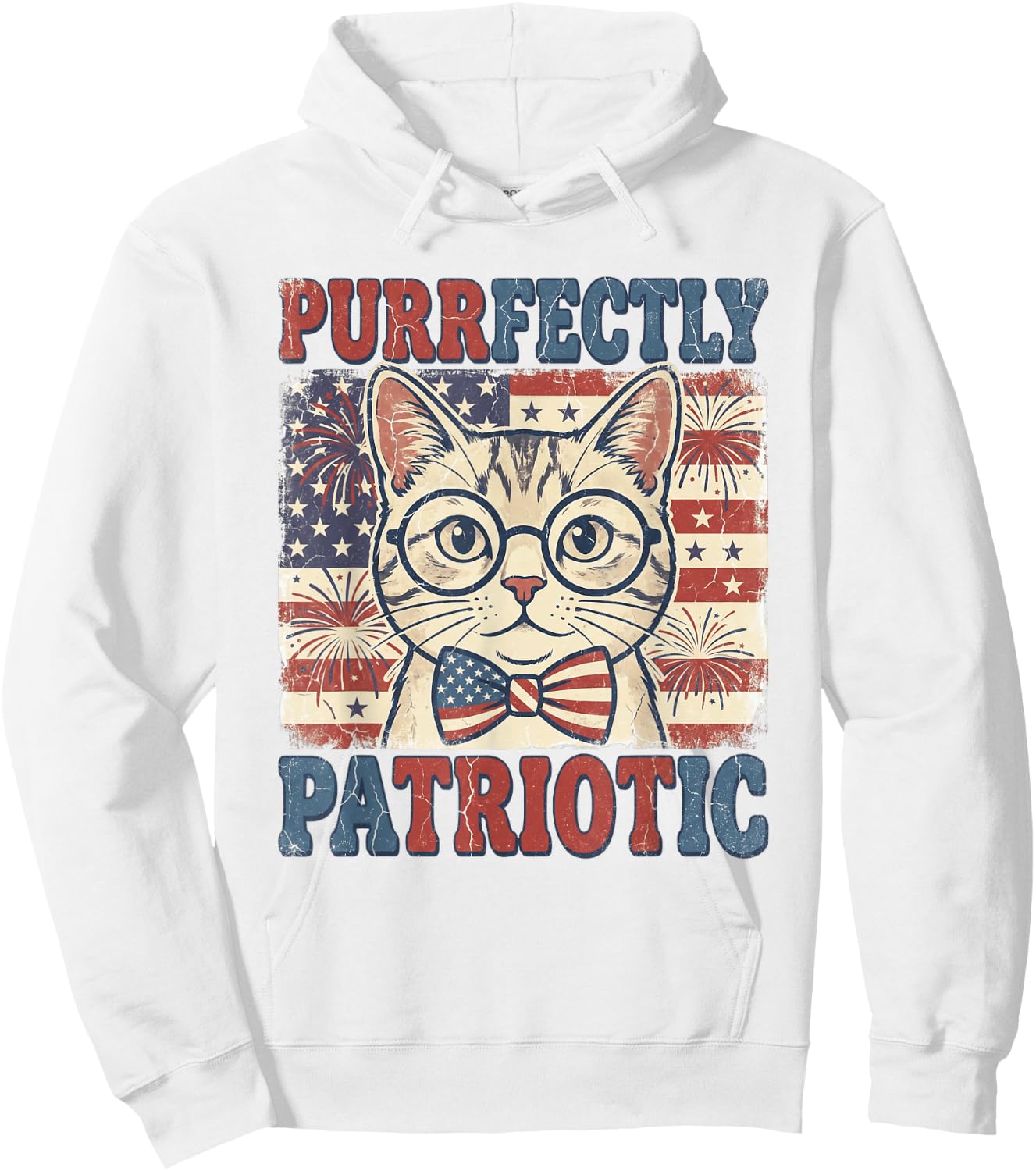 Purrfectly Patriotic Cat Vintage 4th of July Graphic Hoodie - Hoodie | White