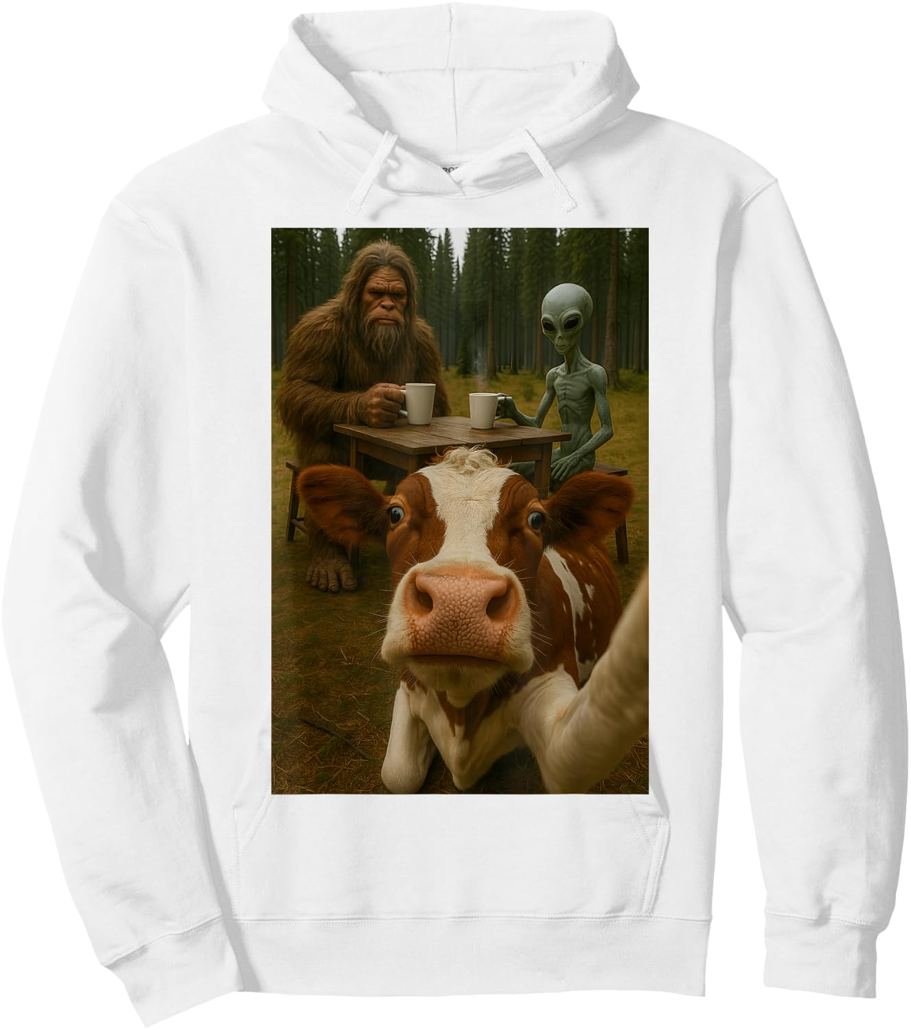 Cow Selfie With Bigfoot Alien Hoodie - Hoodie | White