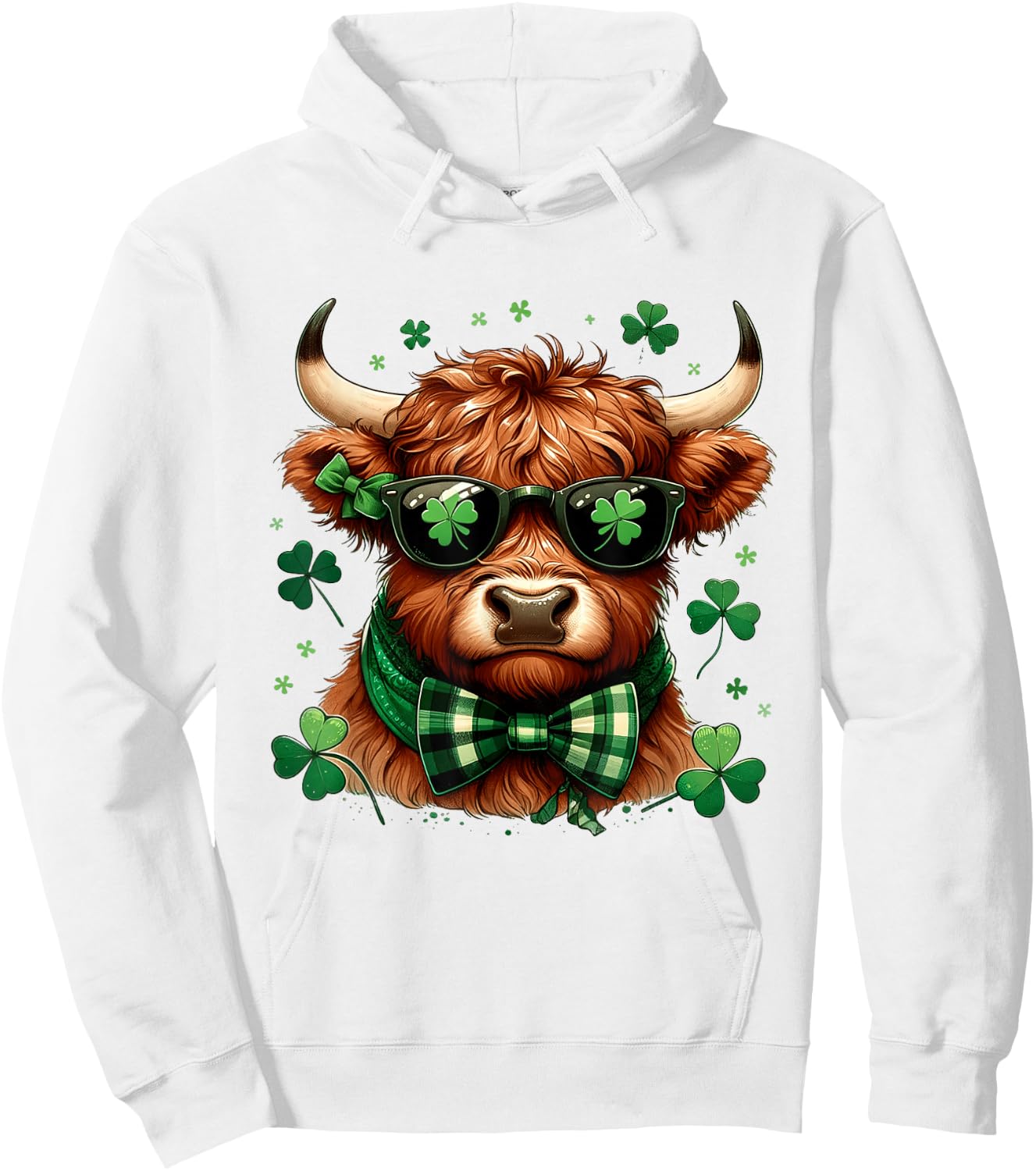 Highland Cow St Patricks Day Lucky Shamrock Men Women Kids Hoodie - Hoodie | White
