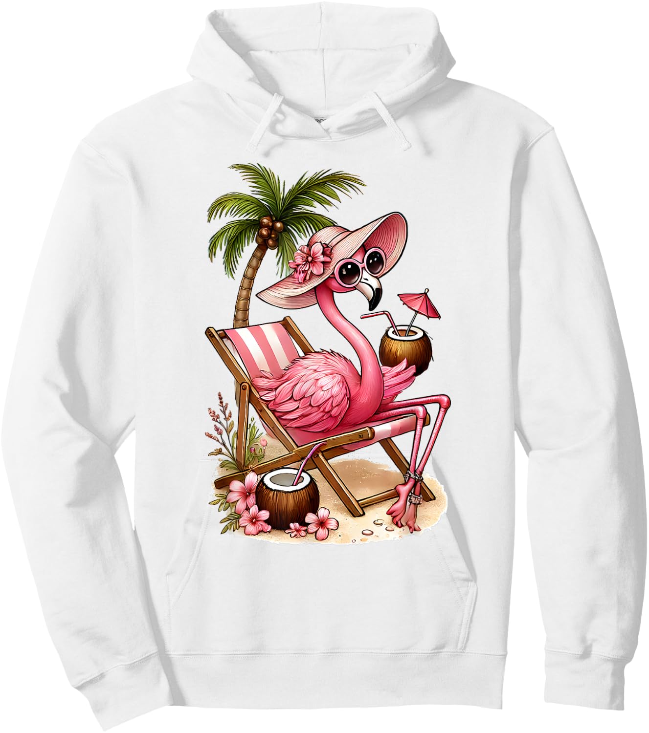 Women's Girls Pink Flamingo Beach Palm Tree Cute Flamingo Hoodie - Hoodie | White