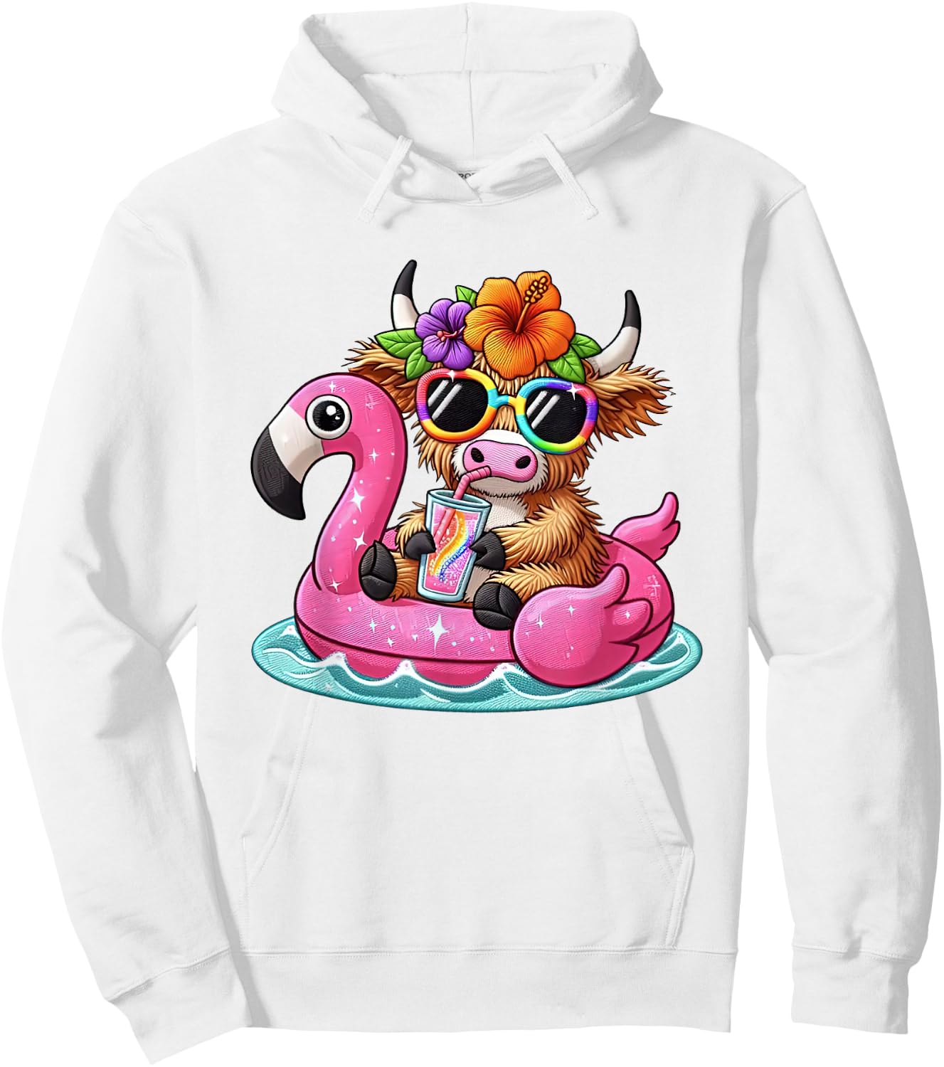 Beach Vibes Sweet Summer Cute Highland Cow Flamingo Float Women Girls Kids Hoodie - Hoodie | White