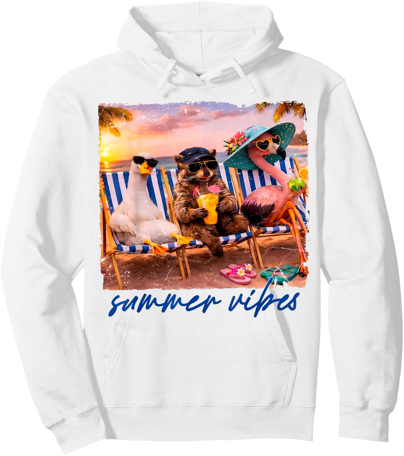 Goose Raccoon Flamingo Summer Vibes Tropical Beach Sunset Hoodie - Hoodie | White