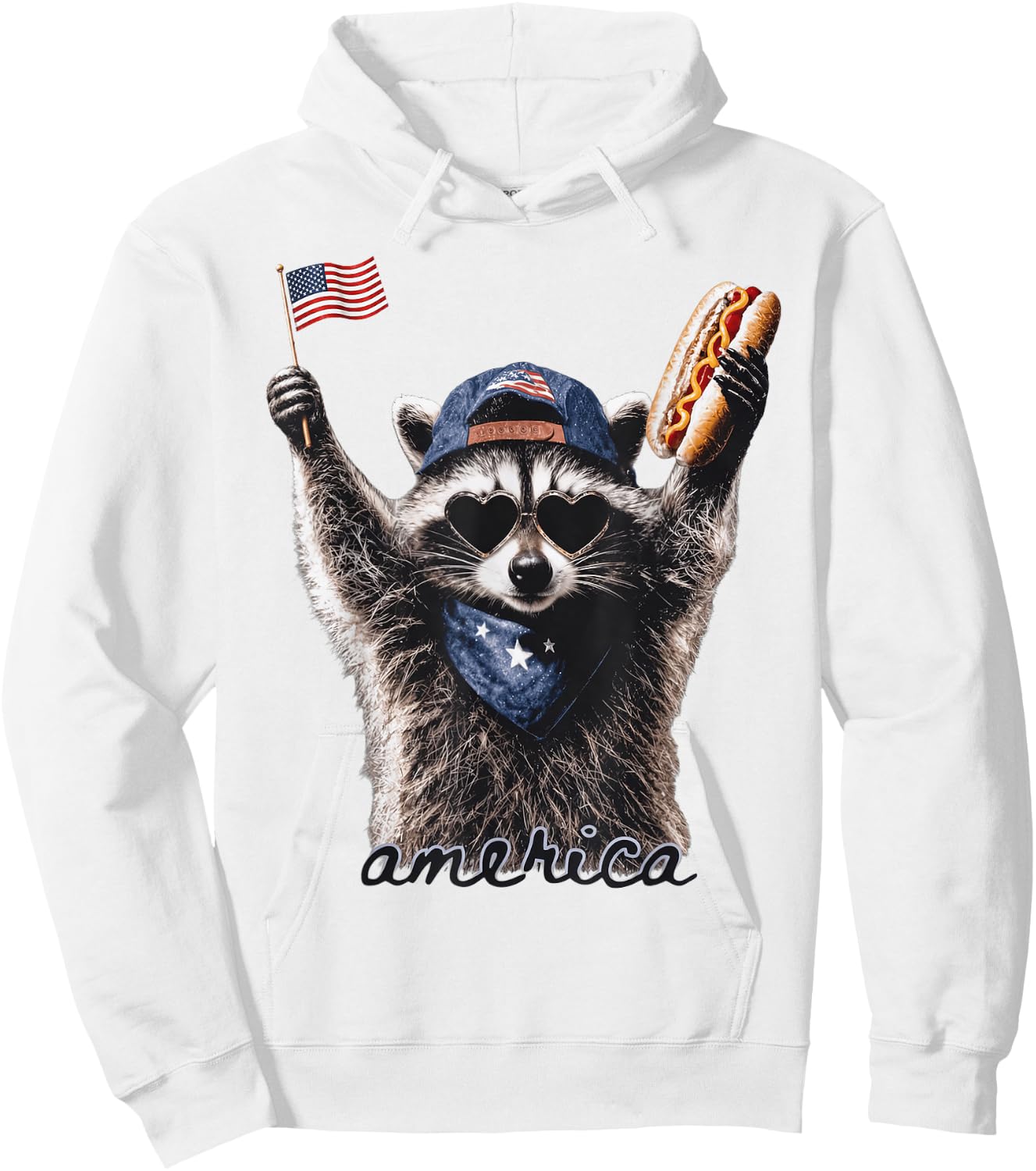 Patriotic Raccoon Flag n Hotdog 4th of July America Hoodie - Hoodie | White