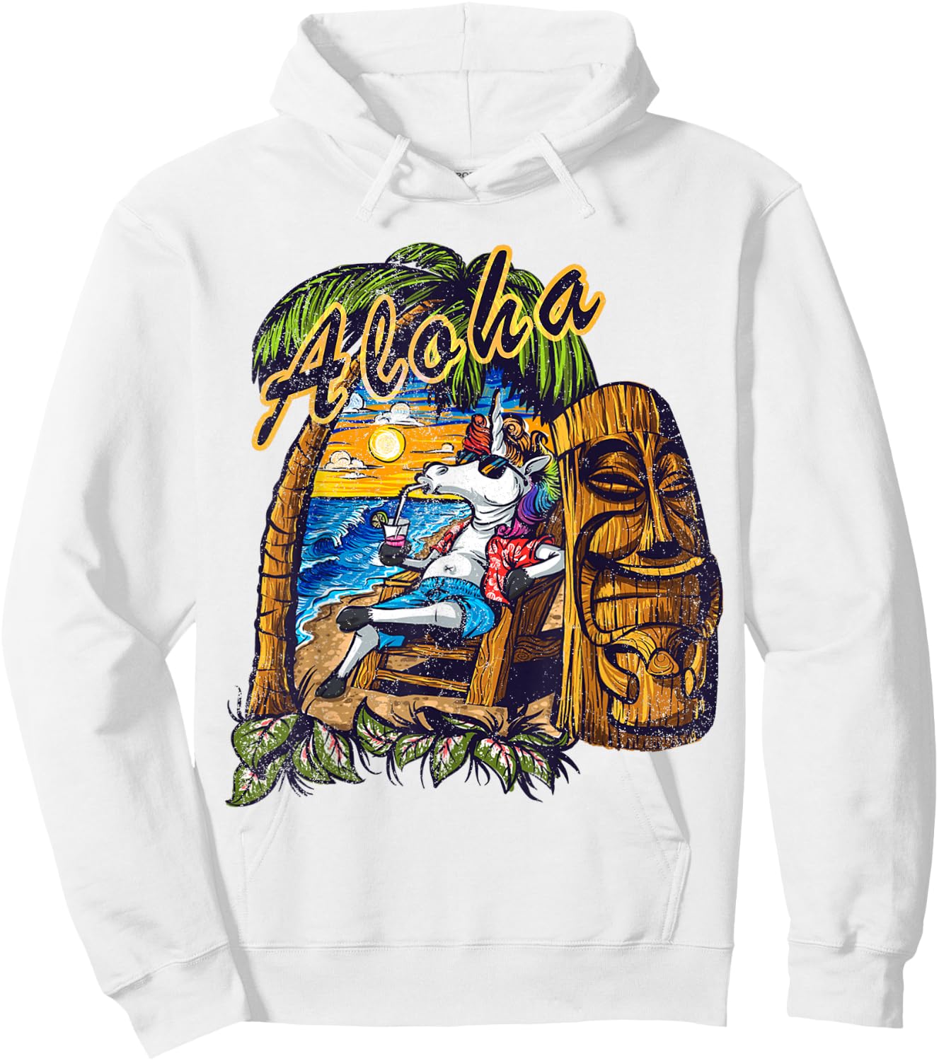 Aloha Hawaii Hawaiian Unicorn Tiki Surf Distressed Hoodie - Hoodie | White