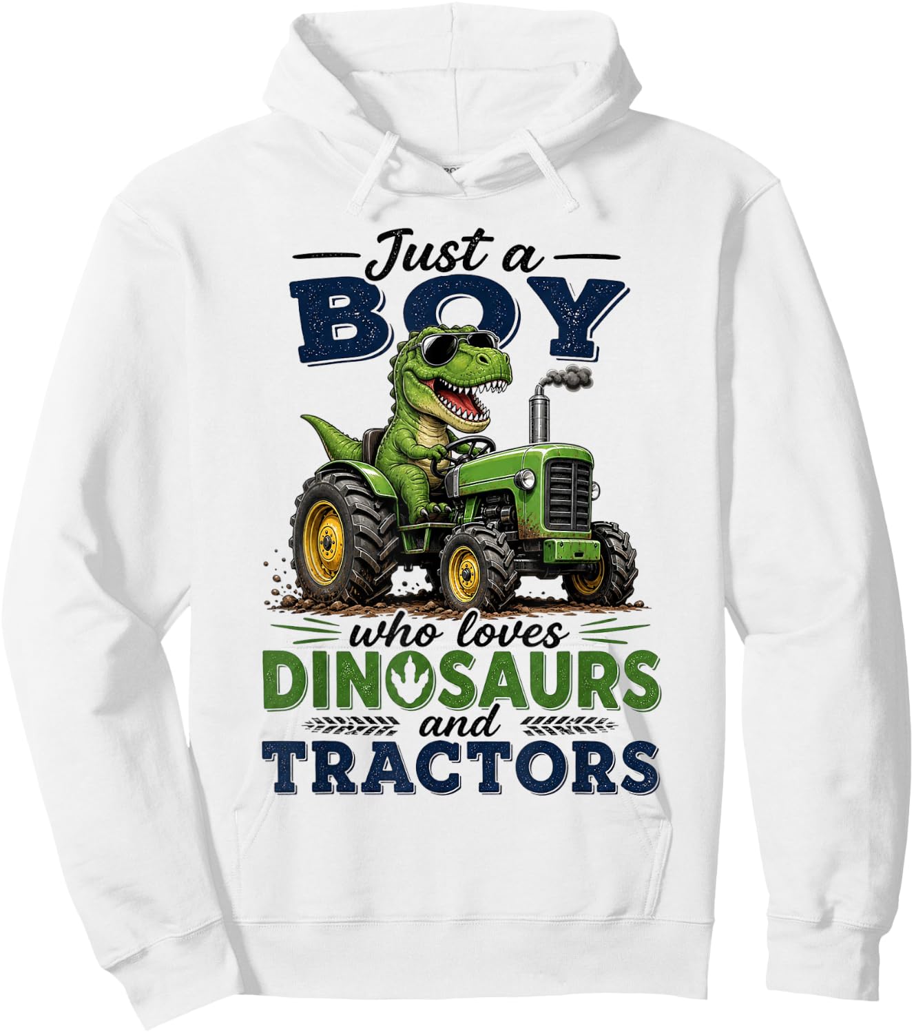 Just A Boy Who Loves Tractors and Dinosaurs Farm T-Rex Hoodie - Hoodie | White