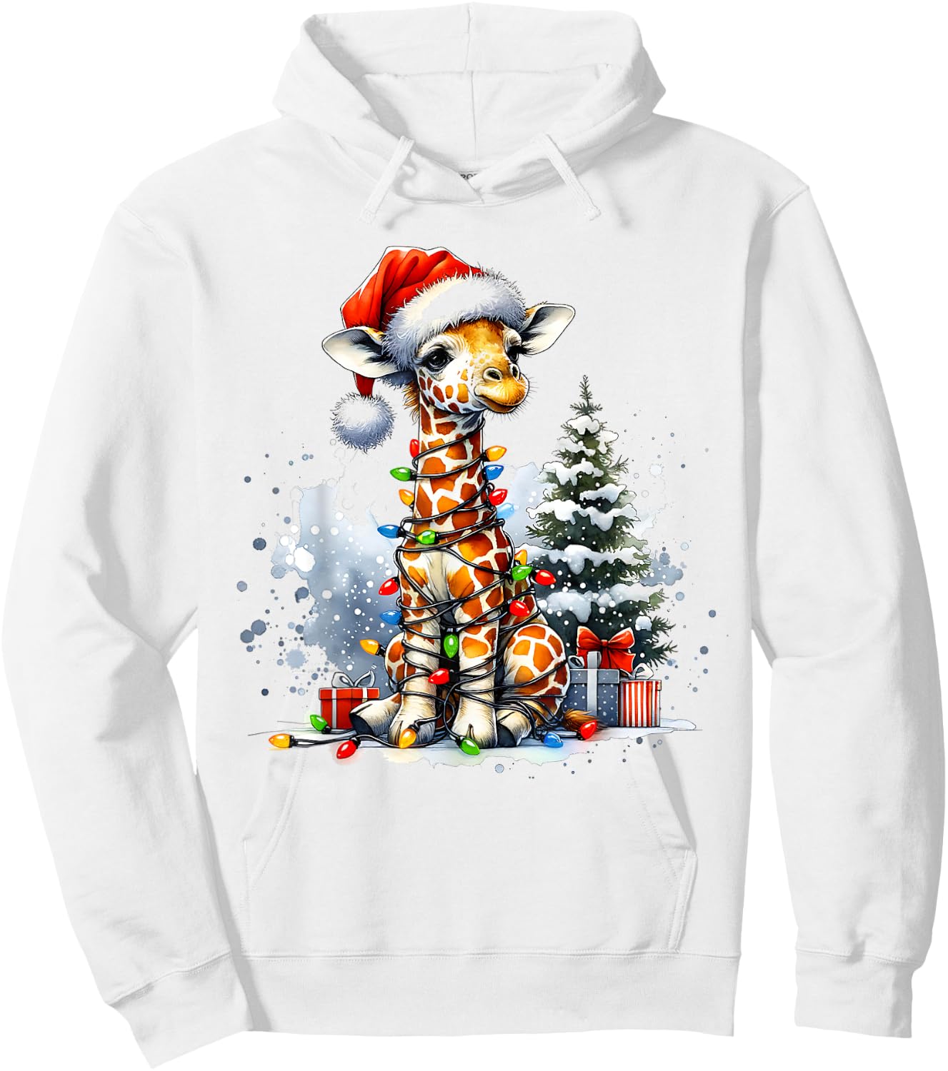 Cute Festive Giraffe Santa Hat Christmas Lights Snow Winter Hoodie - Hoodie | White