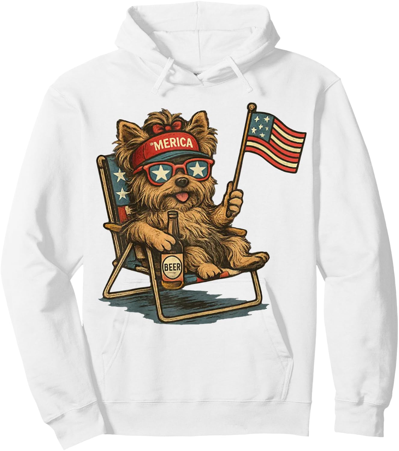 Patriotic Yorkie Dog Drinking Beer American Flag 4th of July Hoodie - Hoodie | White