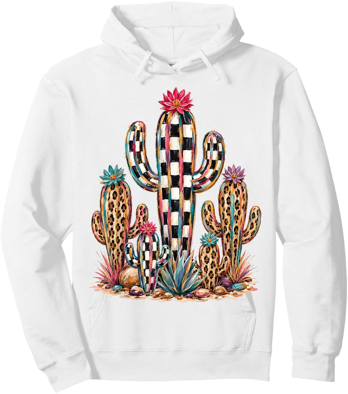 Leopard Checkerboard Cactus Western Desert Graphic Hoodie - Hoodie | White