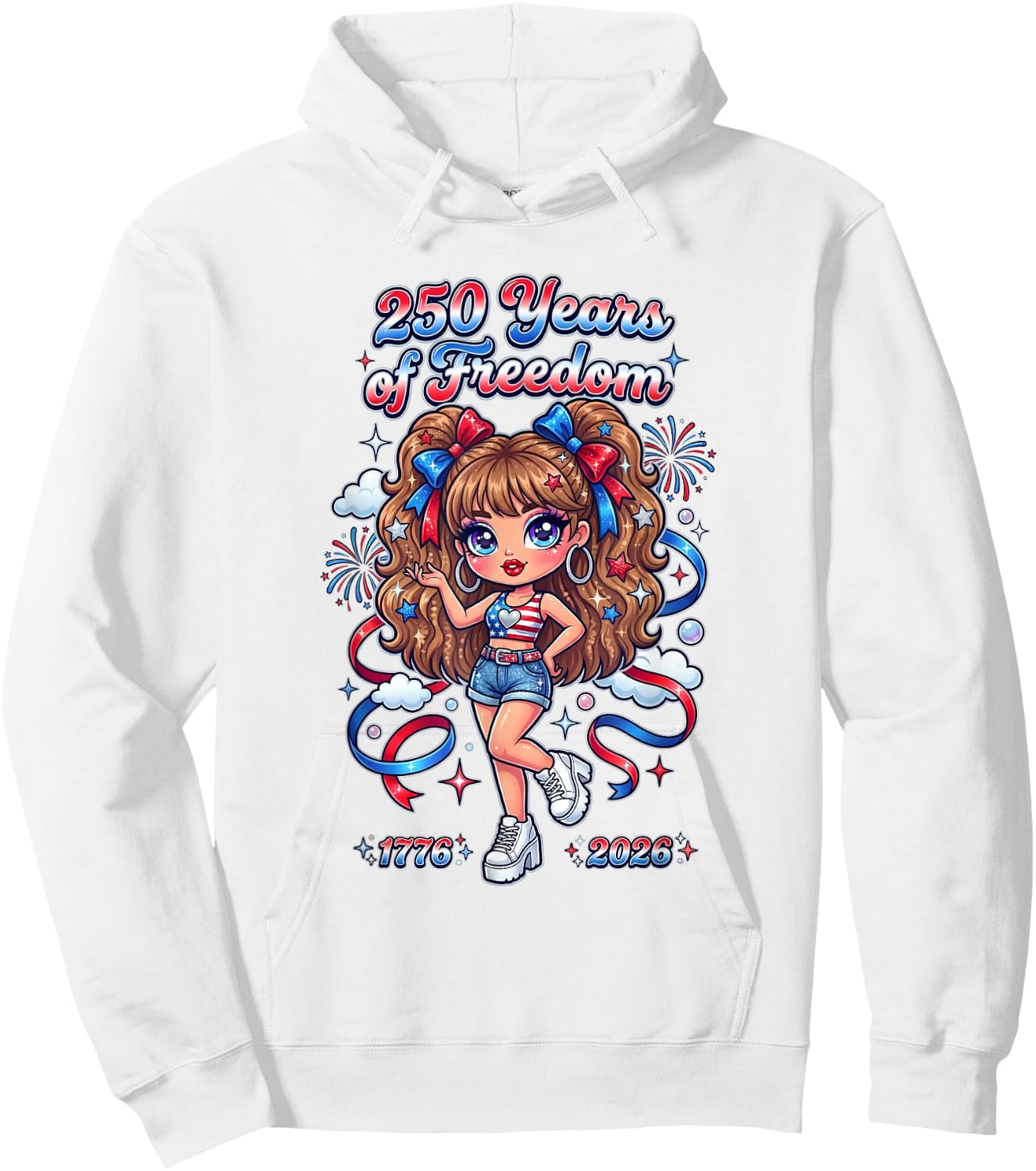Y2K Red White Blue Bow Girl Celebration Artwork Hoodie - Hoodie | White