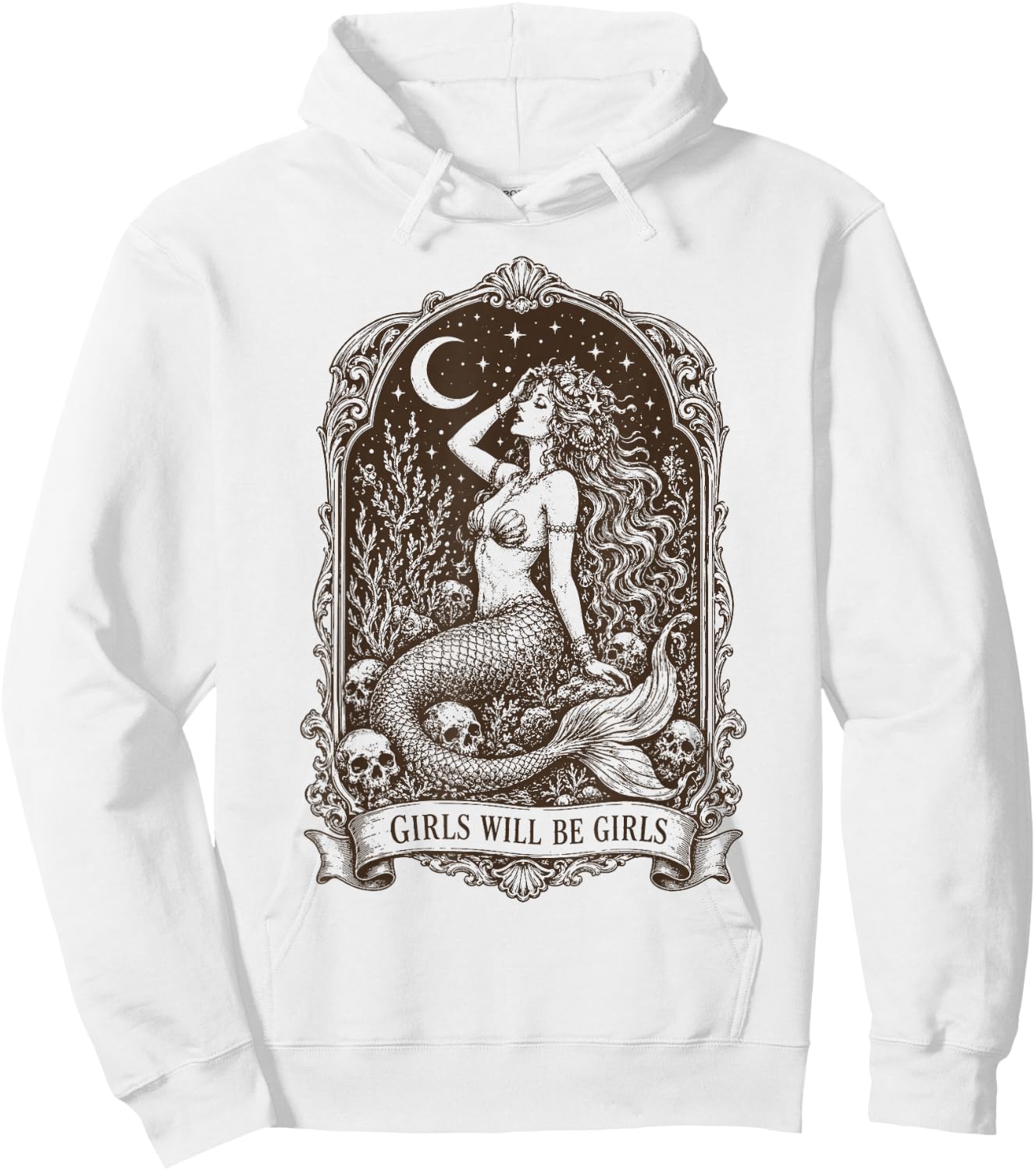Retro Girls Will Be Girls Mermaid Skull Moon Stars Hoodie - Hoodie | White