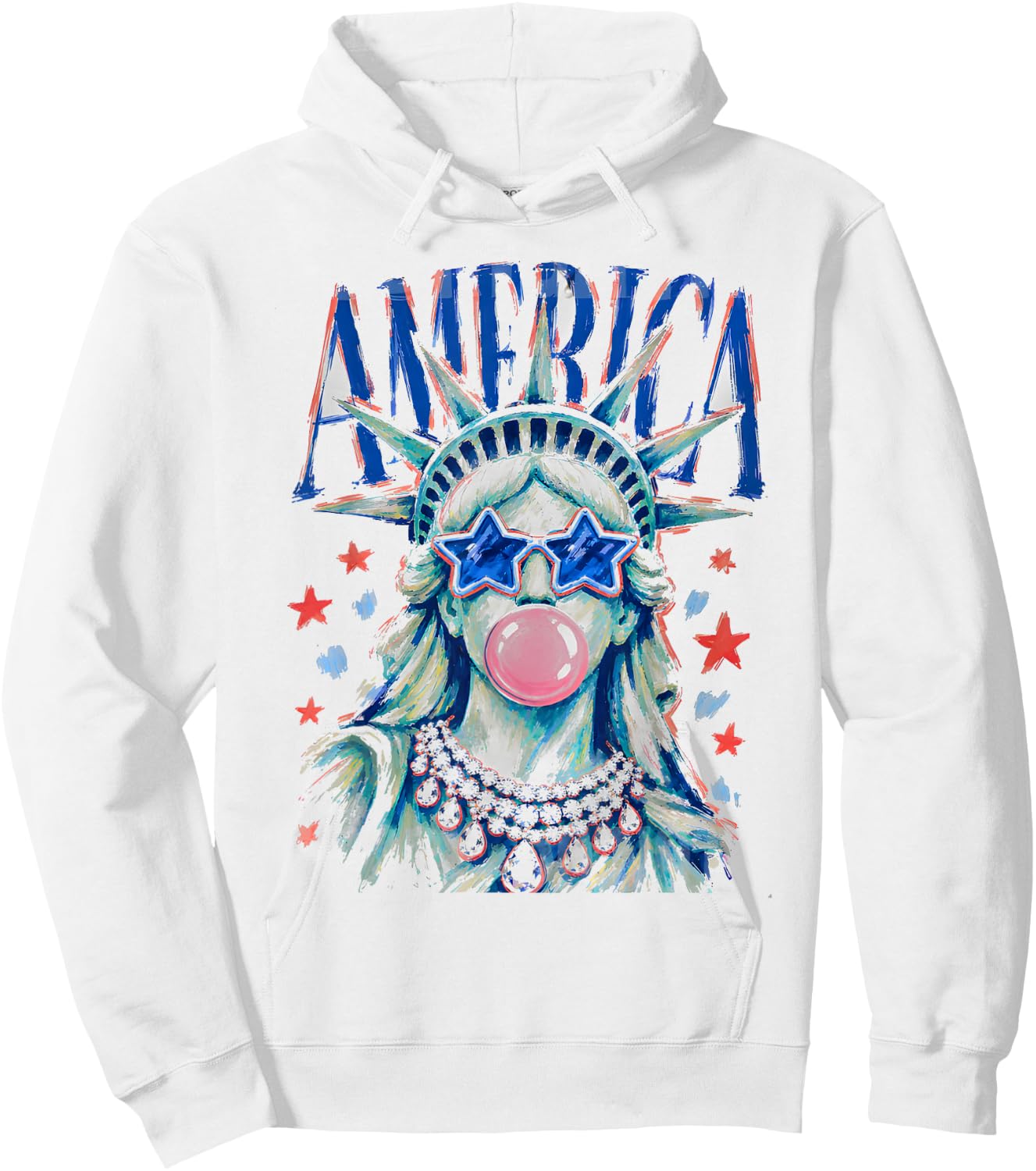 Brushstroke Statue of Liberty Blowing Bubble Gum 4th of July Hoodie - Hoodie | White