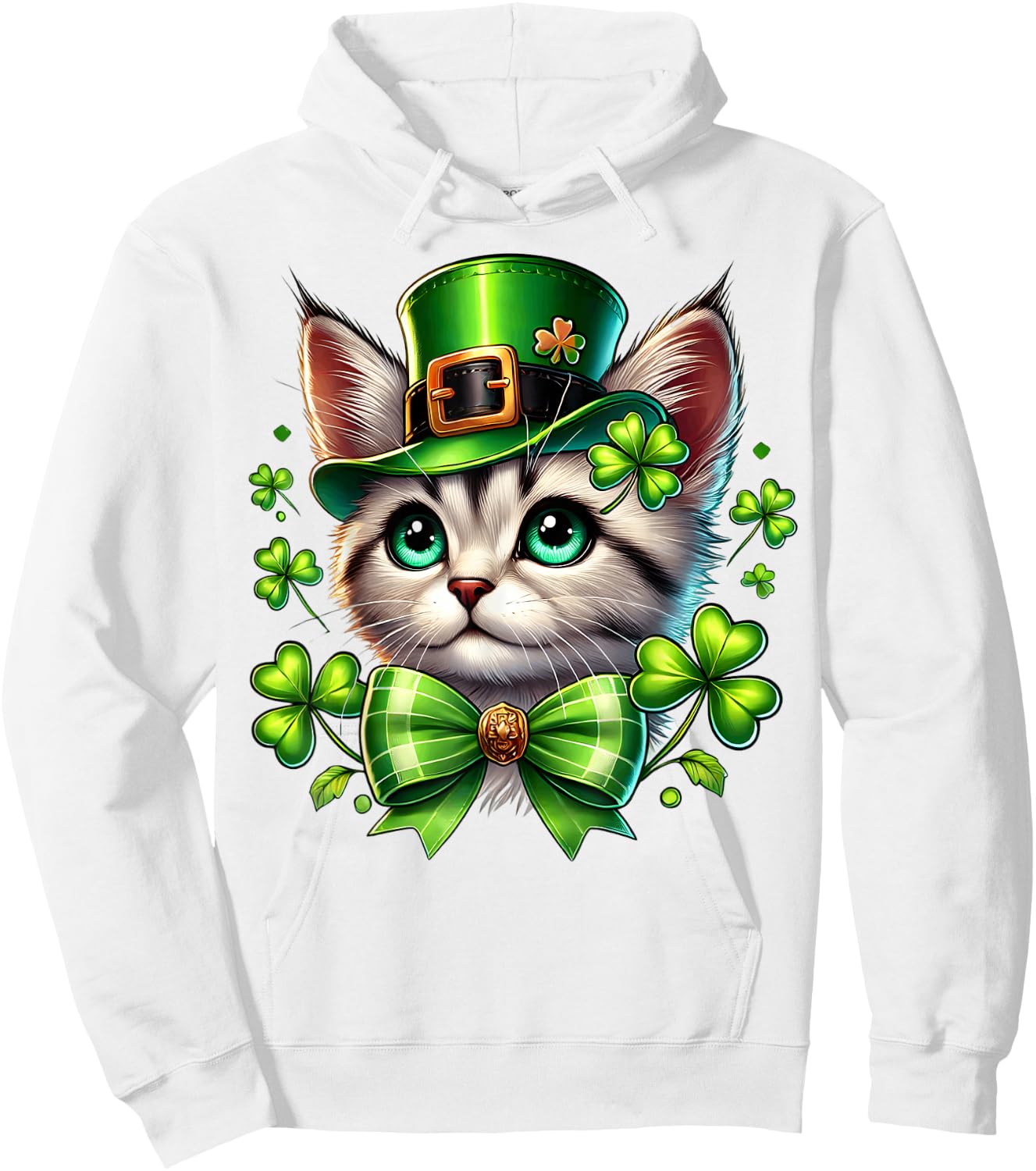 Leprechaun Cat St Patricks Day Coquette Bow Shamrock Graphic Hoodie - Hoodie | White