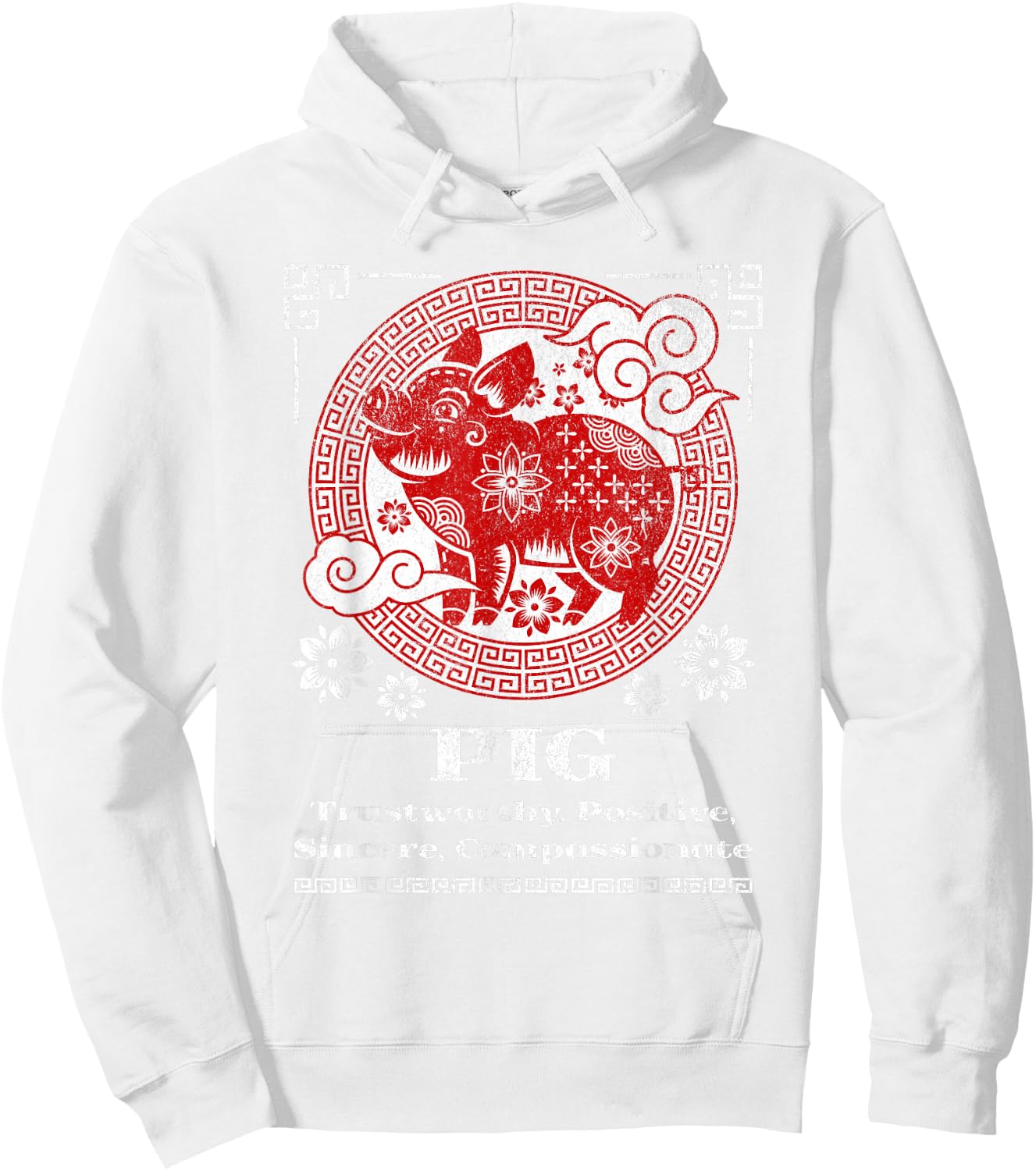 Chinese Zodiac Pig - Red, Small, Short Sleeve, Mandarin Collar, -Adult Hoodie - Hoodie | White