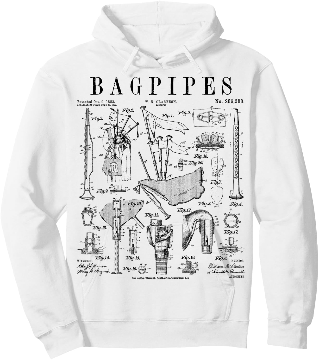 Bagpipe Bagpipe Player Vintage Patent Musician , grey, S Hoodie - Hoodie | White
