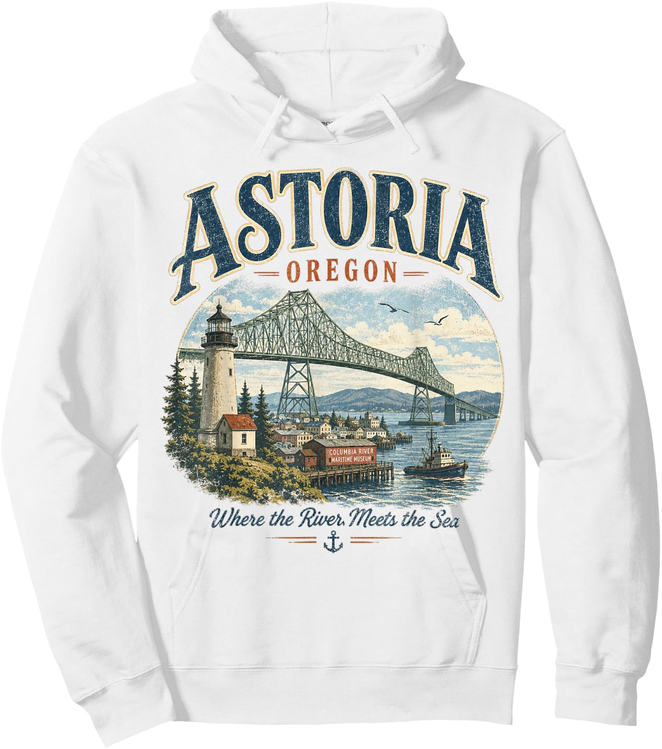 Astoria Oregon- Vintage Columbia River Lighthouse & Bridge Hoodie - Hoodie | White