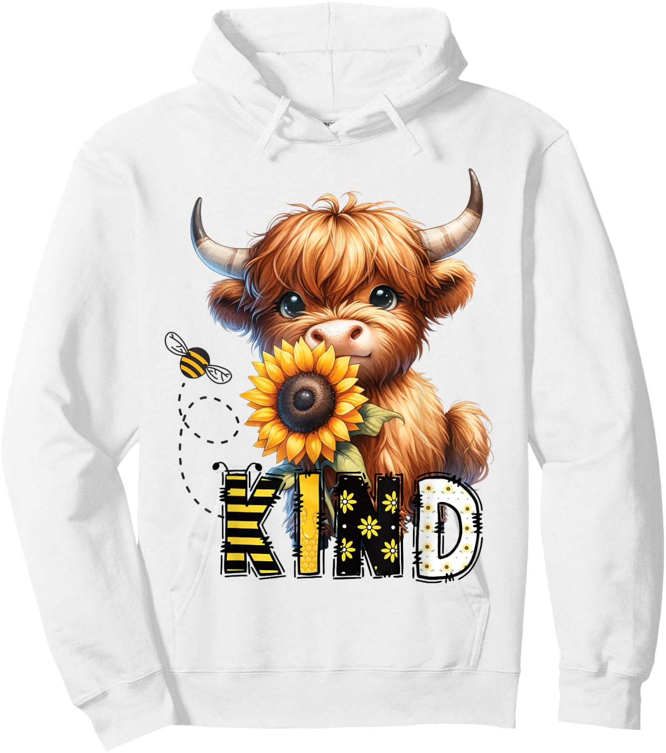 Be Kind Adorable Highland Cow Sunflower Affirmation Kindness , white, S Hoodie - Hoodie | White
