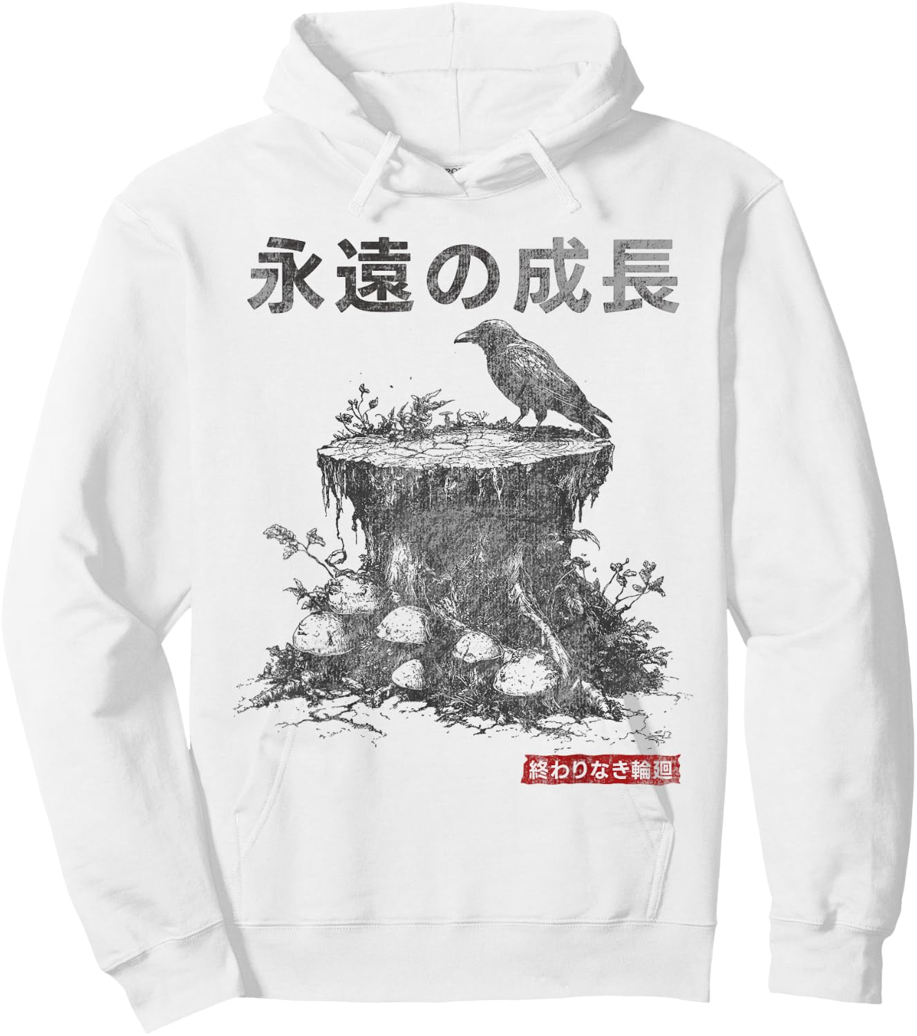 Japanese Retro Graphic Gothic Raven and Fungi Mushroom Hoodie - Hoodie | White
