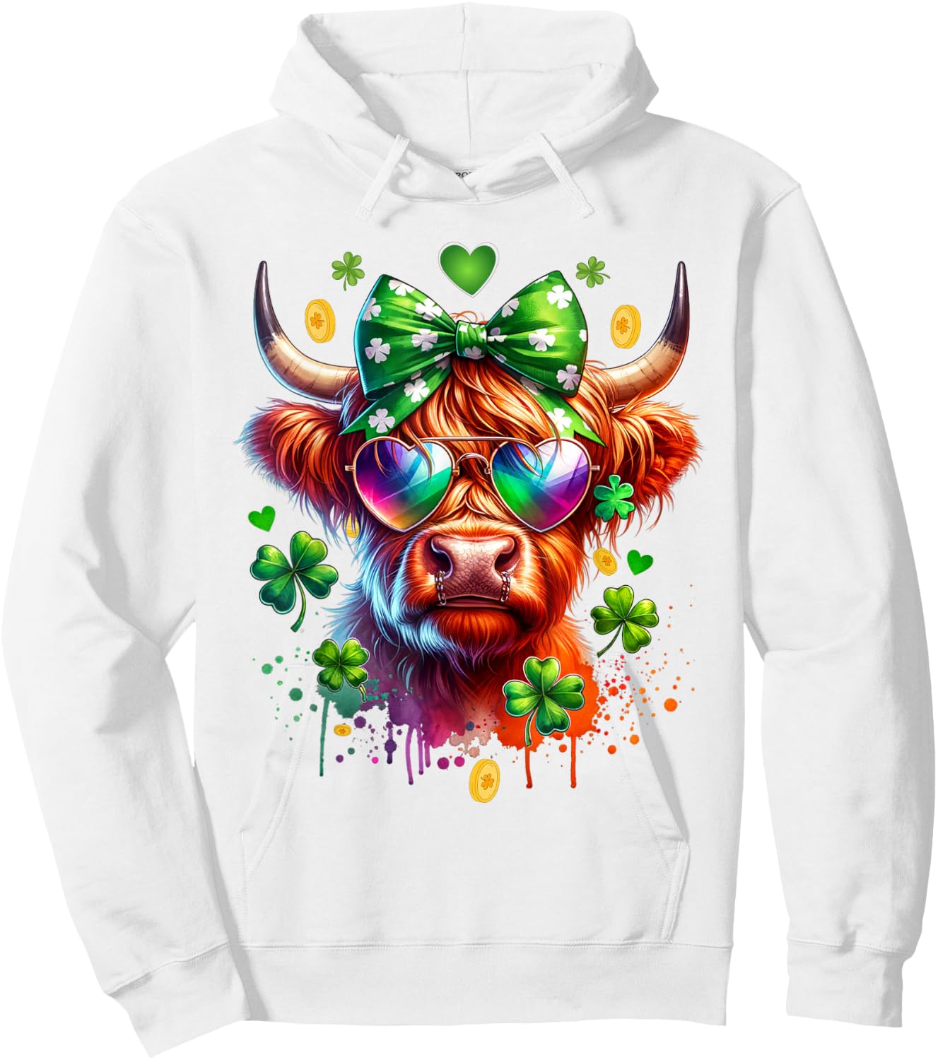 Cute Highland Cow With Sunglasses St Patricks Day Funny Hoodie - Hoodie | White