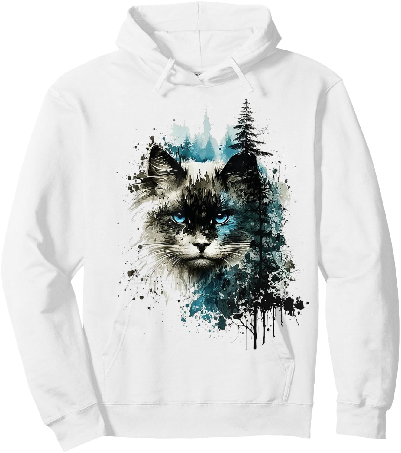 Cat Blue Eyes Cat Art Forest Animal Cat Hoodie - Hoodie | White