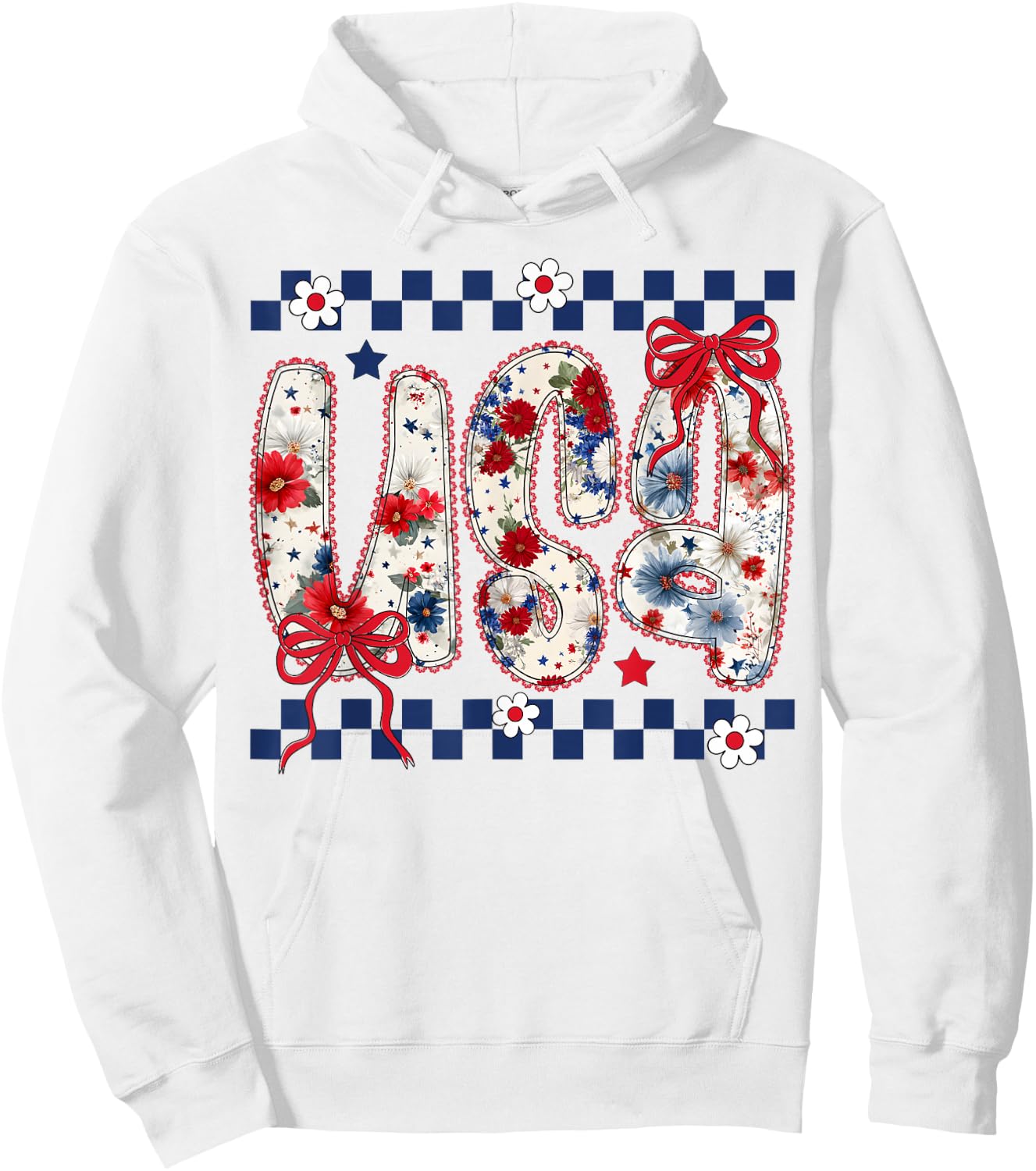 Cute USA Bow Floral Coquette 4th of July Girls Hoodie - Hoodie | White