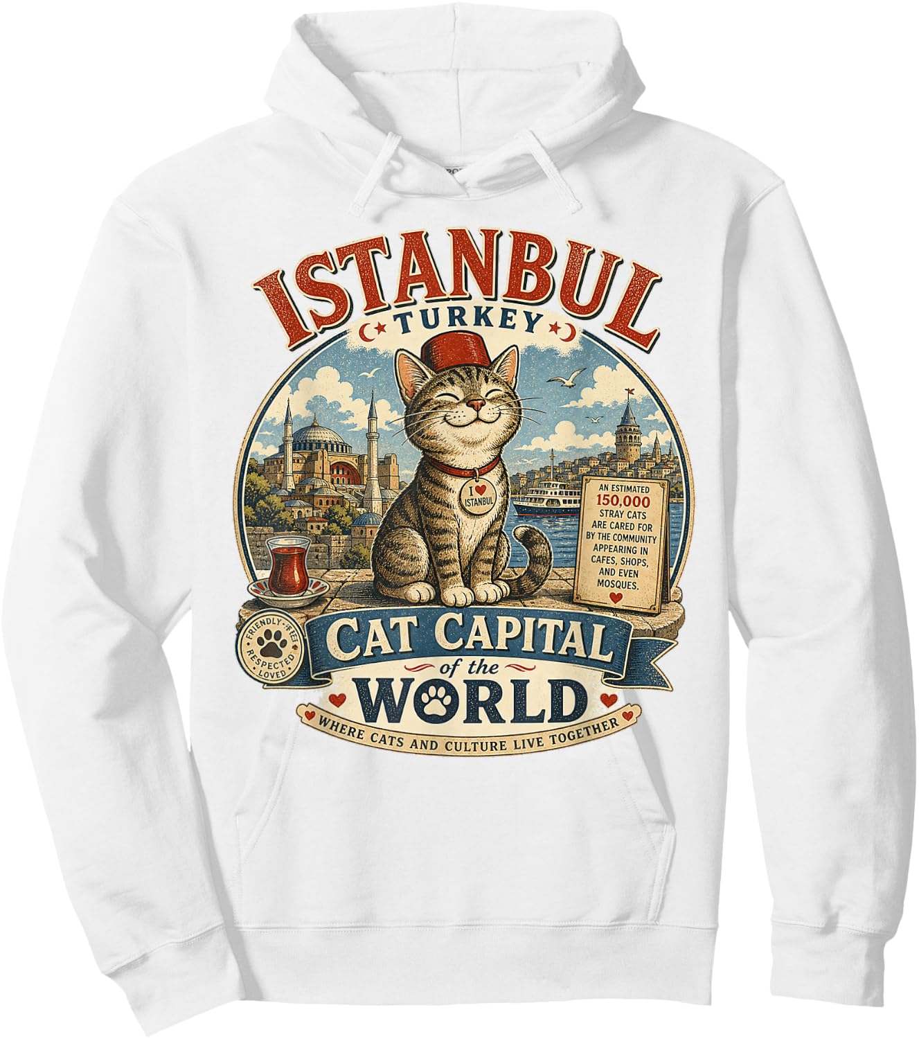 Istanbul, Turkey - Cat Capital - Vintage Logo Graphic Hoodie - Hoodie | White