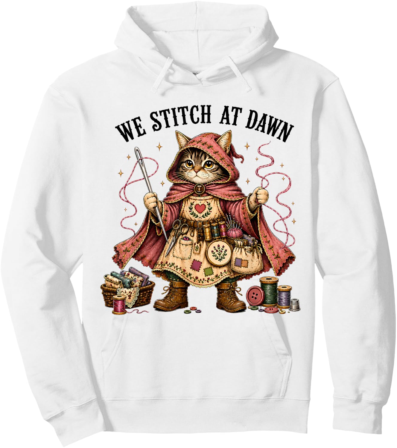 We Stitch At Dawn Funny Sewing Quilting Cat Hoodie - Hoodie | White