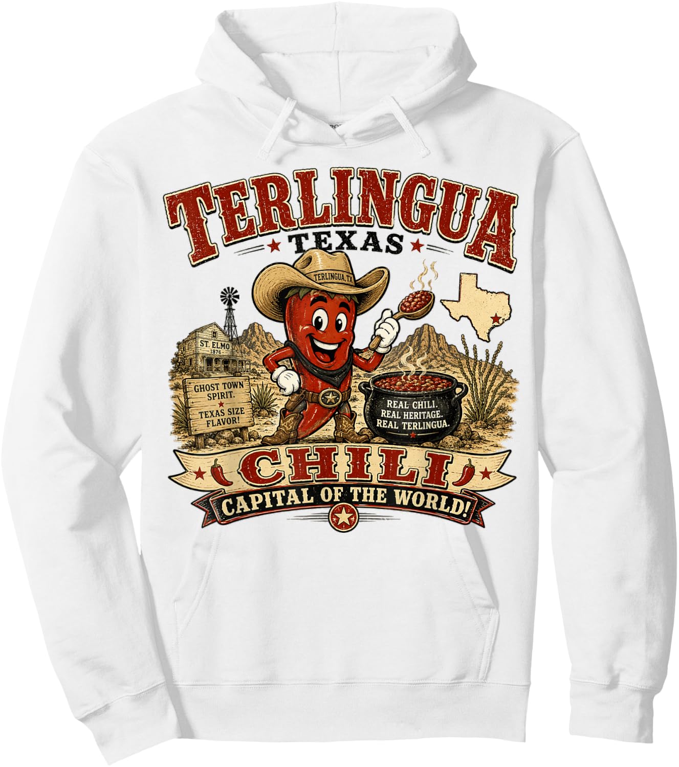 Terlingua Texas Chili Capital - Vintage Chili Pepper Mascot Hoodie - Hoodie | White