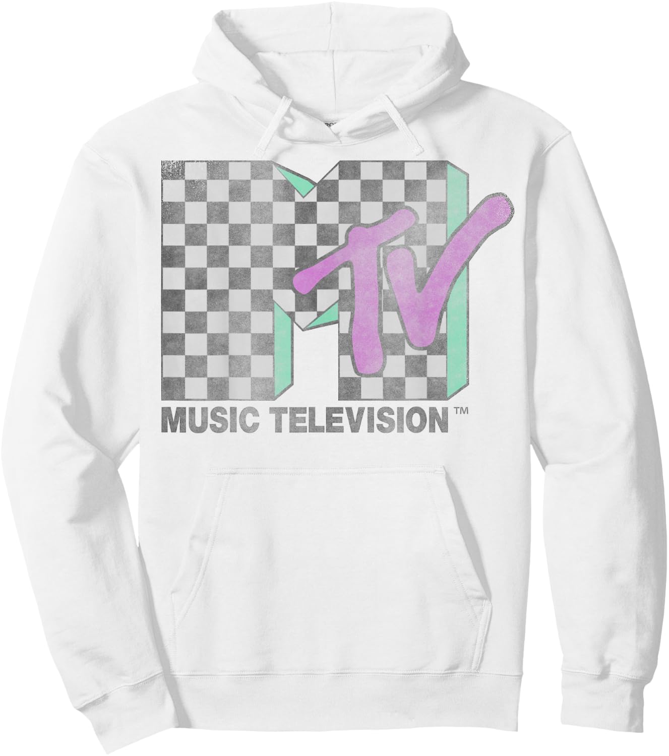 MTV Checkered Distressed Retro Logo Short Sleeve Hoodie - Hoodie | White