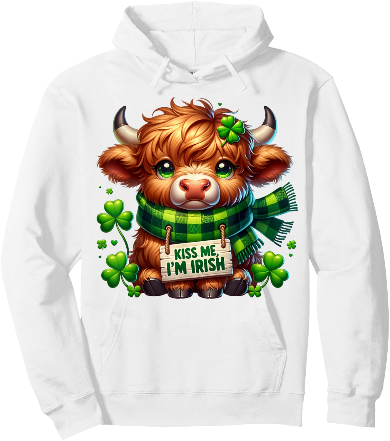 Kiss Me I'm Irish Cute Little Highland Cow Four Leaf Clovers Hoodie - Hoodie | White