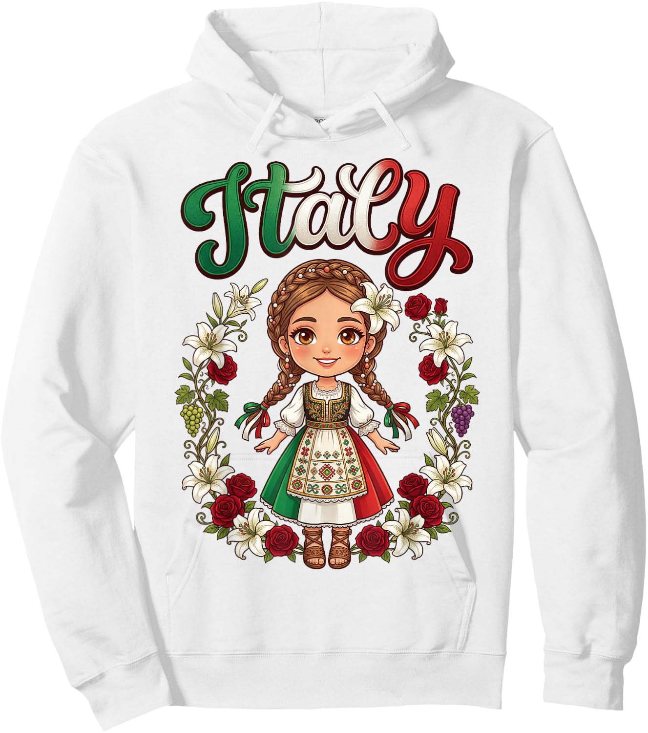 Cute Italy Girl Traditional Dress with Flowers for Kids Hoodie - Hoodie | White