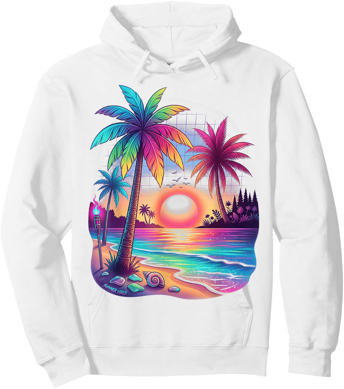 Colorful Beach Sunset Summer Vacation Retro Beach Vibes Hoodie - Hoodie | White