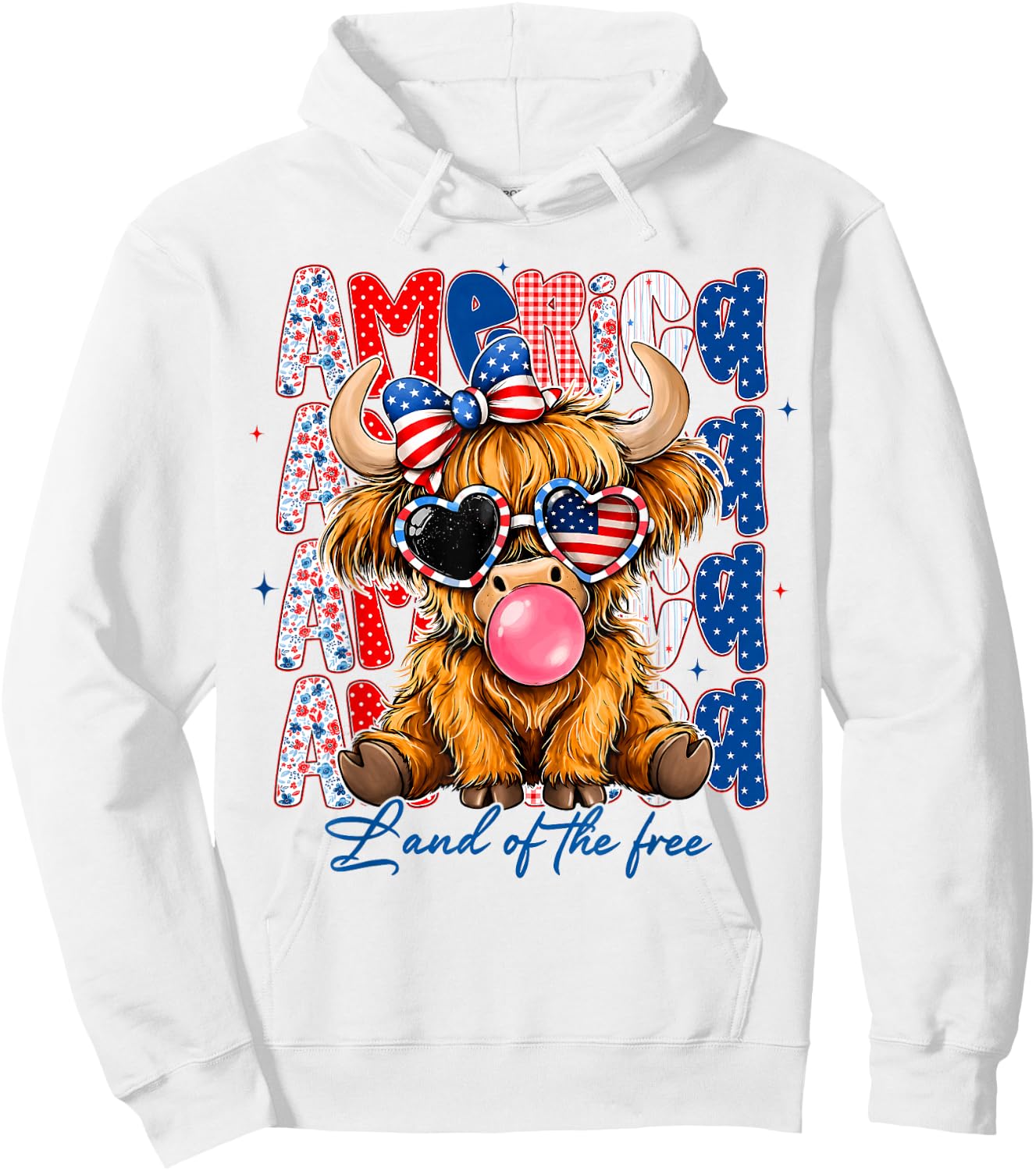 America 1776-2026 Land of The Free Highland Cow 4th of July Hoodie - Hoodie | White