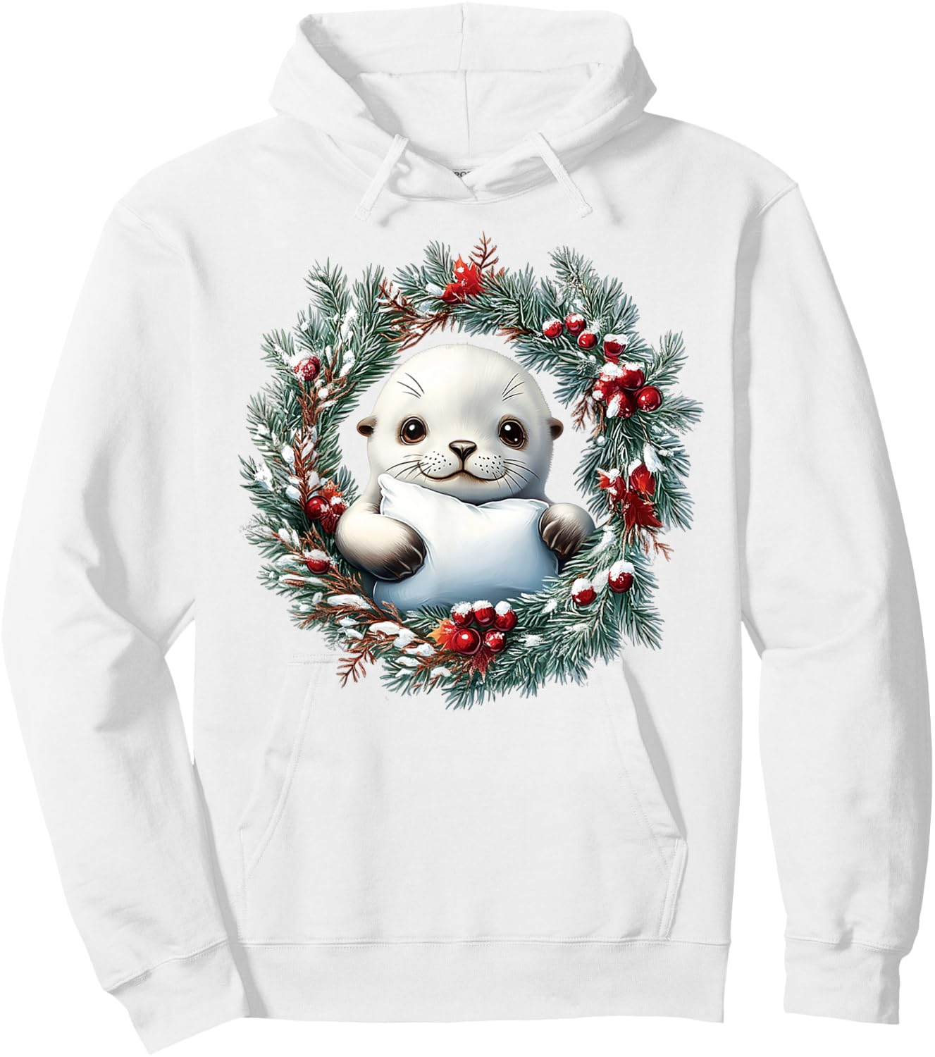 A Happy Baby Harp Seal In A Christmas Wreath With A Red Bow Hoodie - Hoodie | White