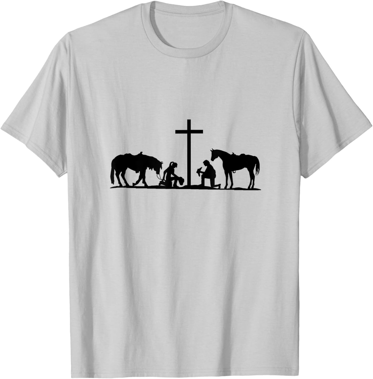 Western couple praying at cross with horses. cowboy. cowgirl T-Shirt - T-Shirt | Ash