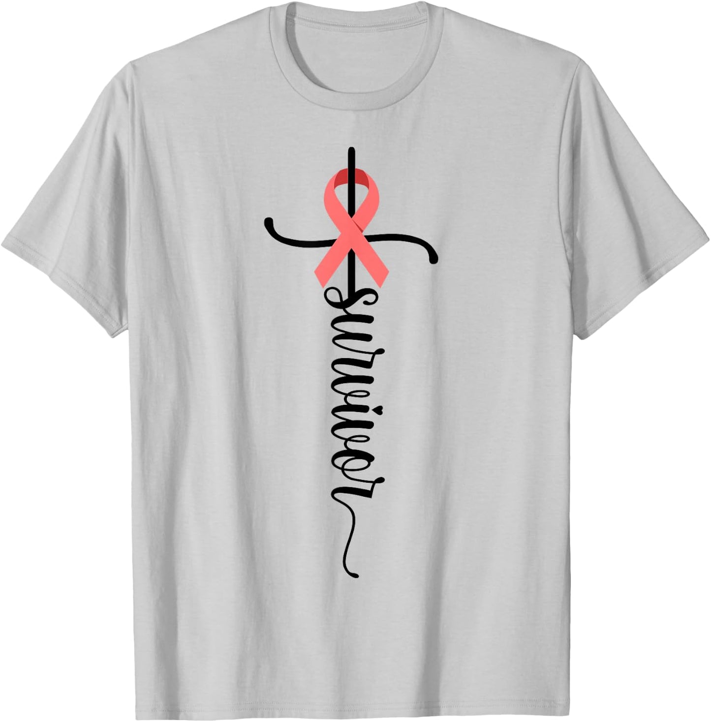 Survivor Christian Cross Warrior Peach Ribbon Uterine Cancer T-Shirt - T-Shirt | Ash