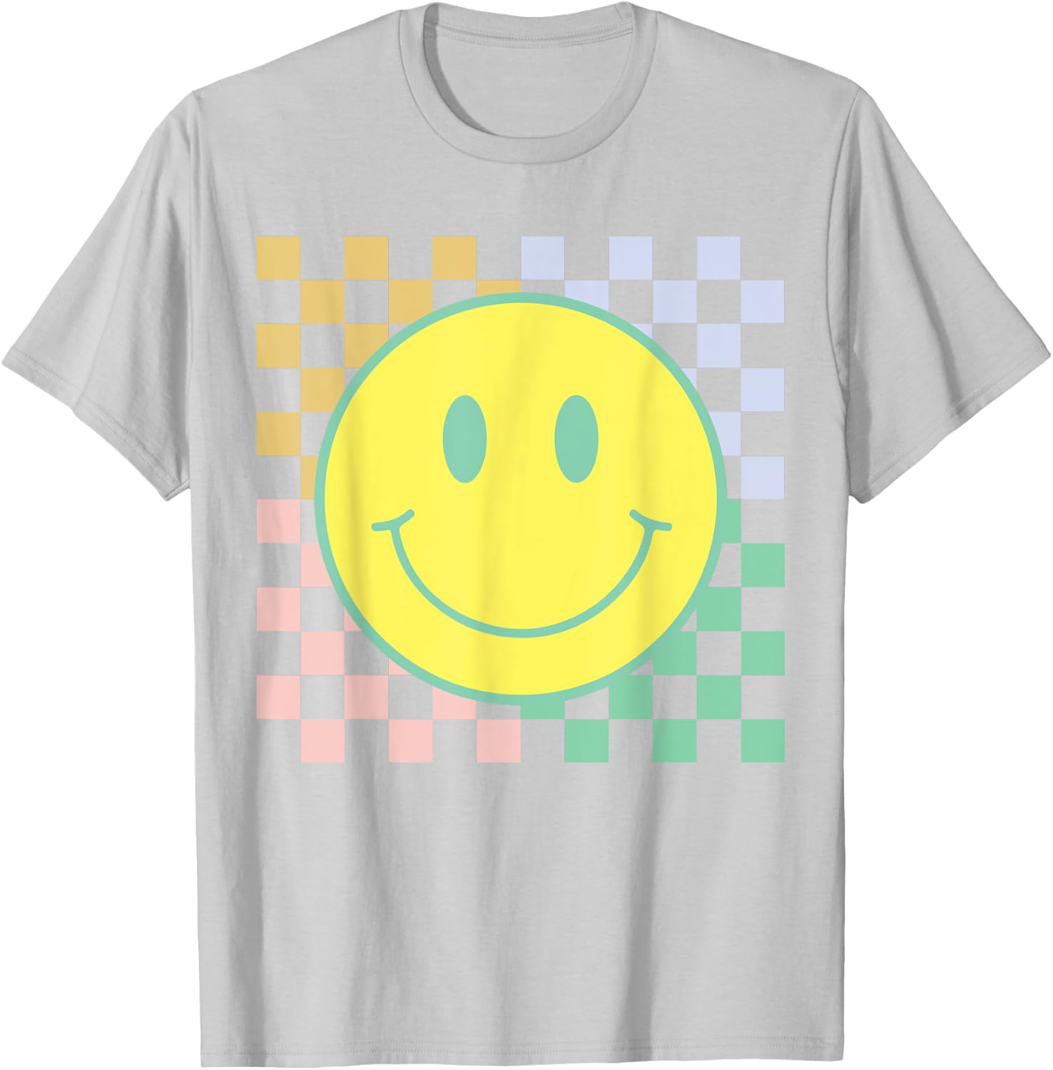 Retro Happy Face Shirt Checkered Pattern Smile Face Trendy T-Shirt - T-Shirt | Ash
