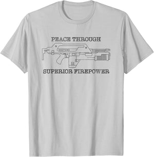 Tripping Yarns Peace Through Superior Firepower Funny Oxtroron Pulse Rifle - Grey, -Adults, Classic Fit, Short Sleeve, Small T-Shirt - T-Shirt | Ash