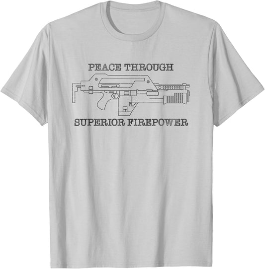 Tripping Yarns Peace Through Superior Firepower Funny Oxtroron Pulse Rifle - Grey, -Adults, Classic Fit, Short Sleeve, Small T-Shirt - T-Shirt | Ash
