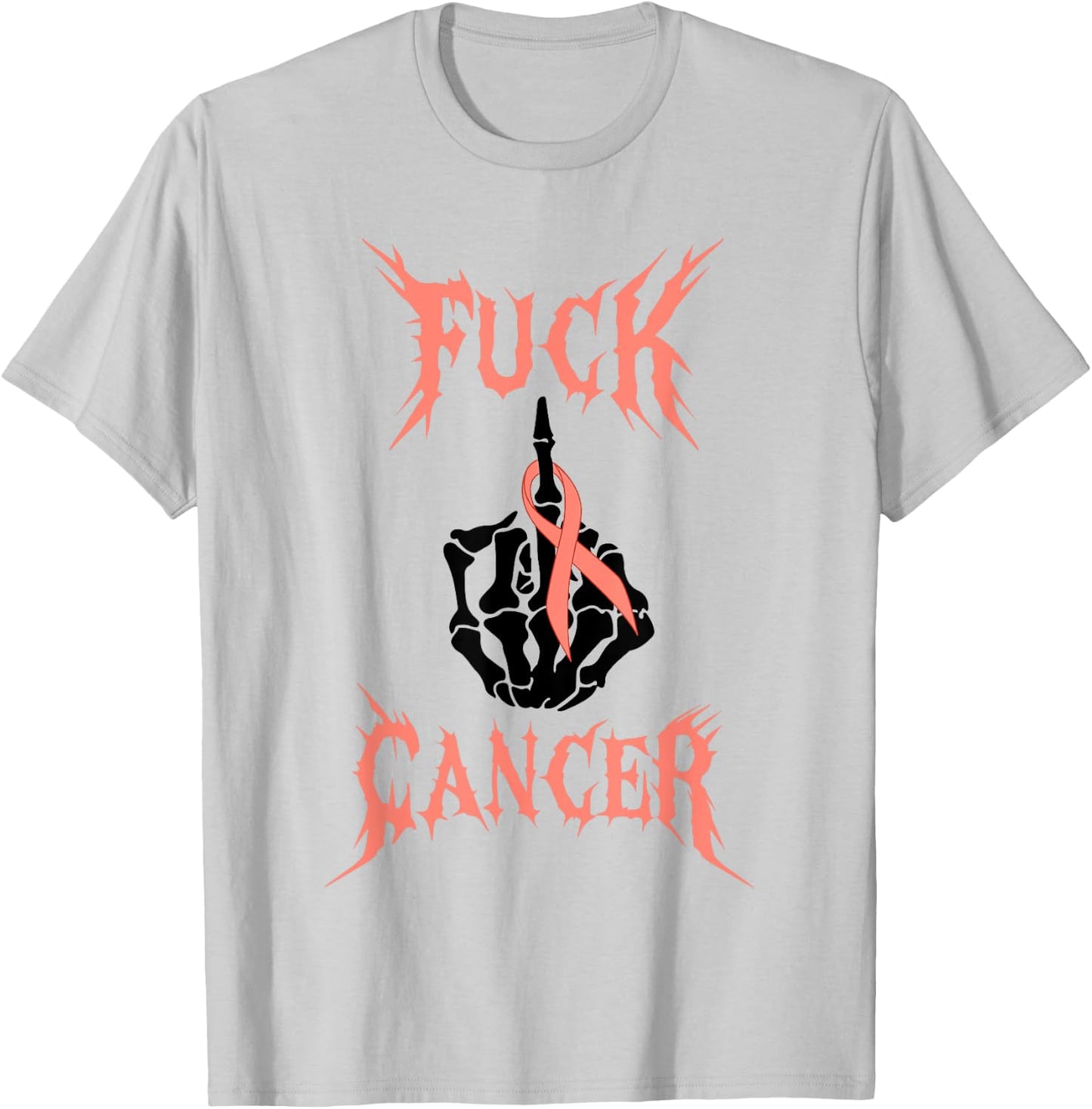 Fuck Cancer Rock Tattoos Warrior Peach Ribbon Uterine Cancer T-Shirt - T-Shirt | Ash