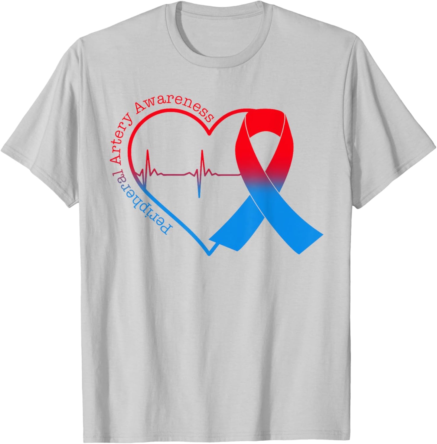 Peripheral Artery Disease Heart Red & Blue Ribbon T-Shirt - T-Shirt | Ash