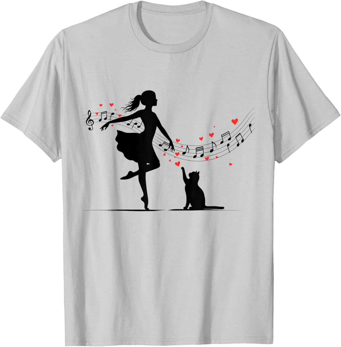 Cute Girl And Cat Dance With Musical Notes And Hearts T-Shirt - T-Shirt | Ash