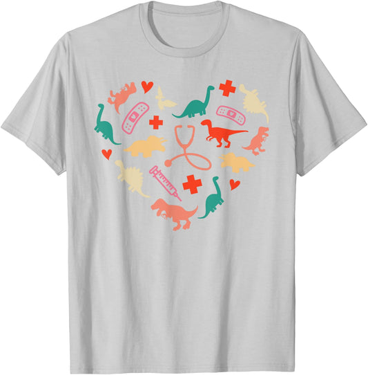 Pediatric Nurse Heart Colorful Cute Dinosaur Physical Peds T-Shirt - T-Shirt | Ash