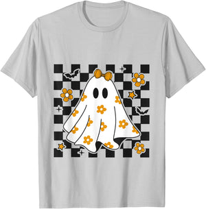Checkered Ghost Daisy Flower Ghost Halloween Costume T-Shirt - T-Shirt | Ash