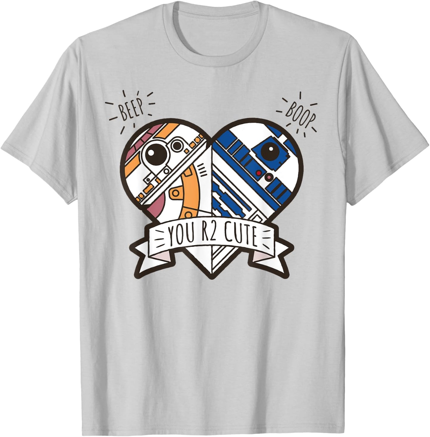 Star Wars R2-D2 BB-8 Droid Heart Valentine's Day T-Shirt - T-Shirt | Ash