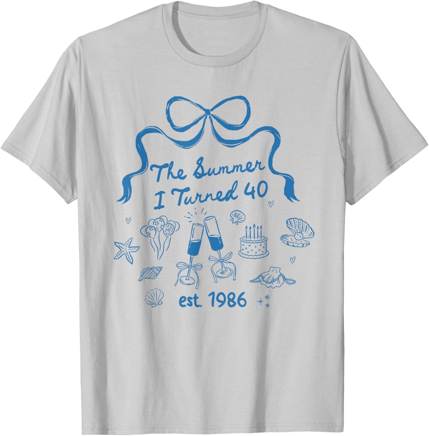 Summer I Turned Forty 40th Birthday Seashell Coastal Bow T-Shirt - T-Shirt | Ash
